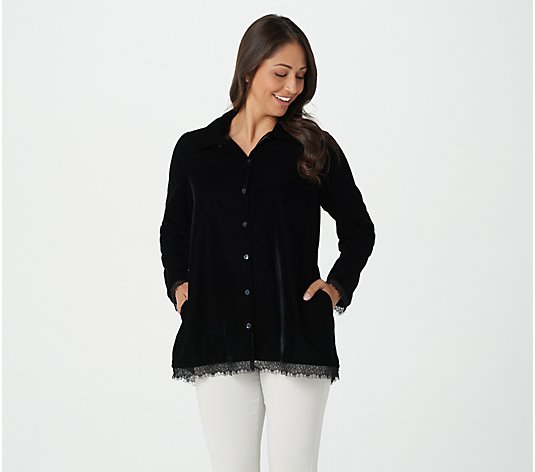 LOGO by Lori Goldstein Velvet Button Front Blouse with Lace Trim