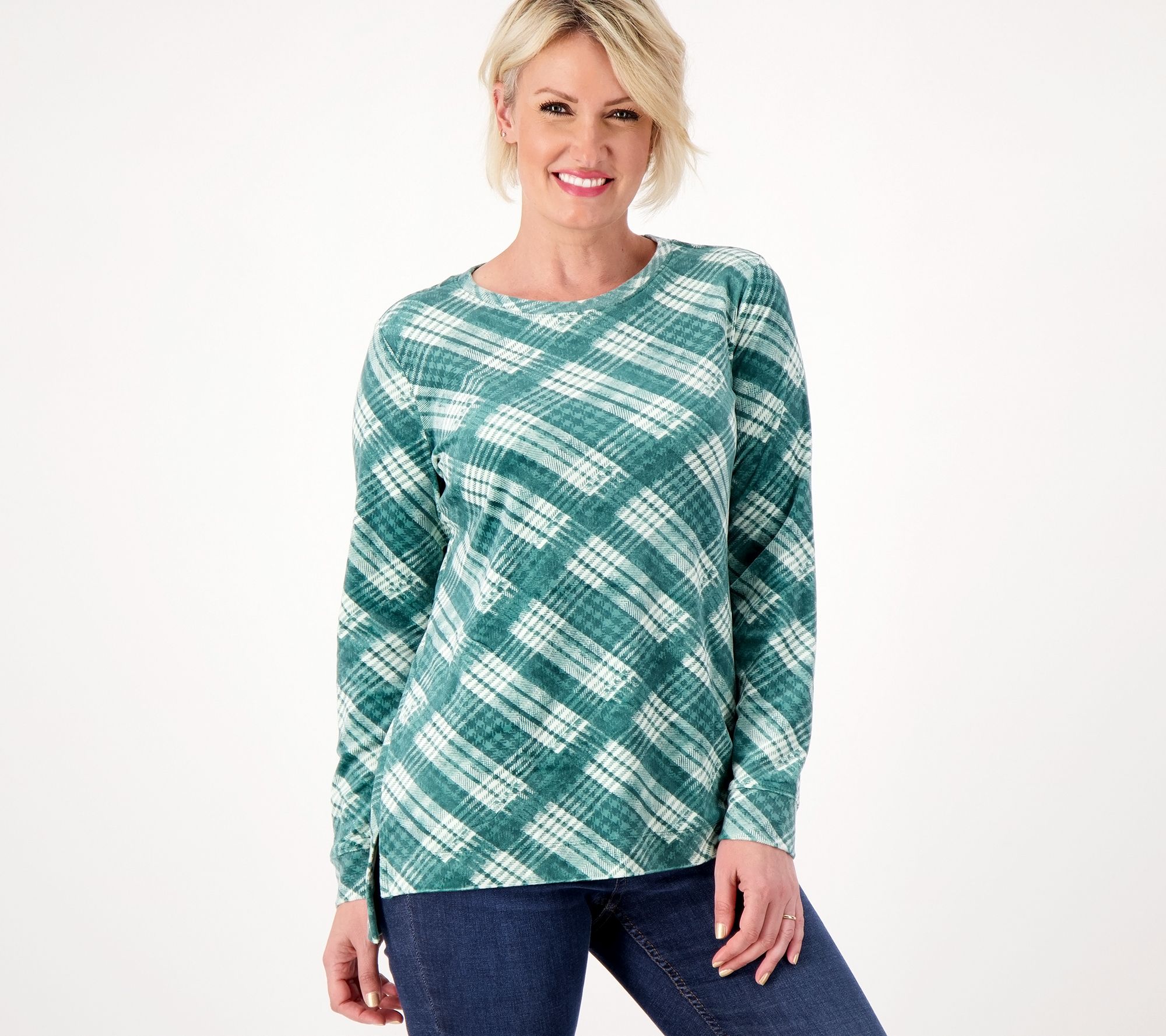 Denim & Co. Regular Printed Velour Pullover with Hi-Low Hem