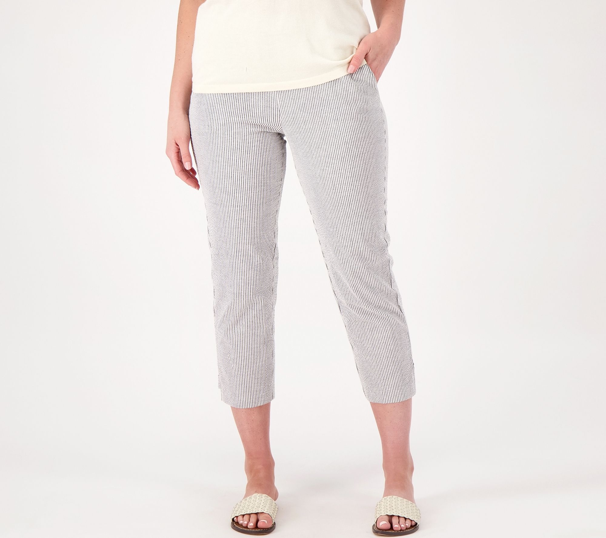 "As Is" Susan Graver Regular Stripe Stretch Seersucker Crop Pants