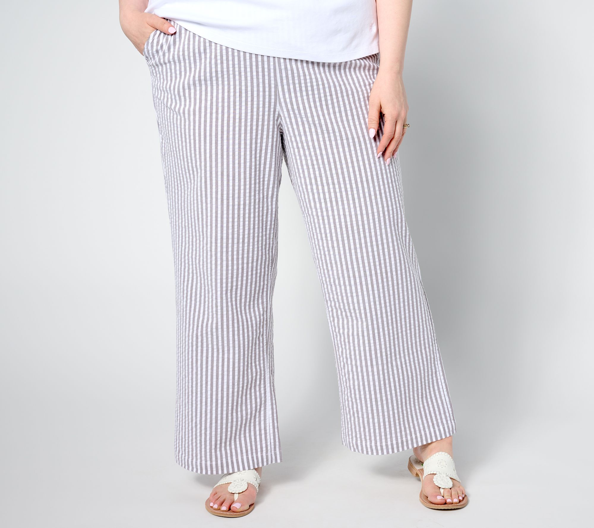 White shadow stripe linen-cotton flat-front lightweight Women Dress Pants