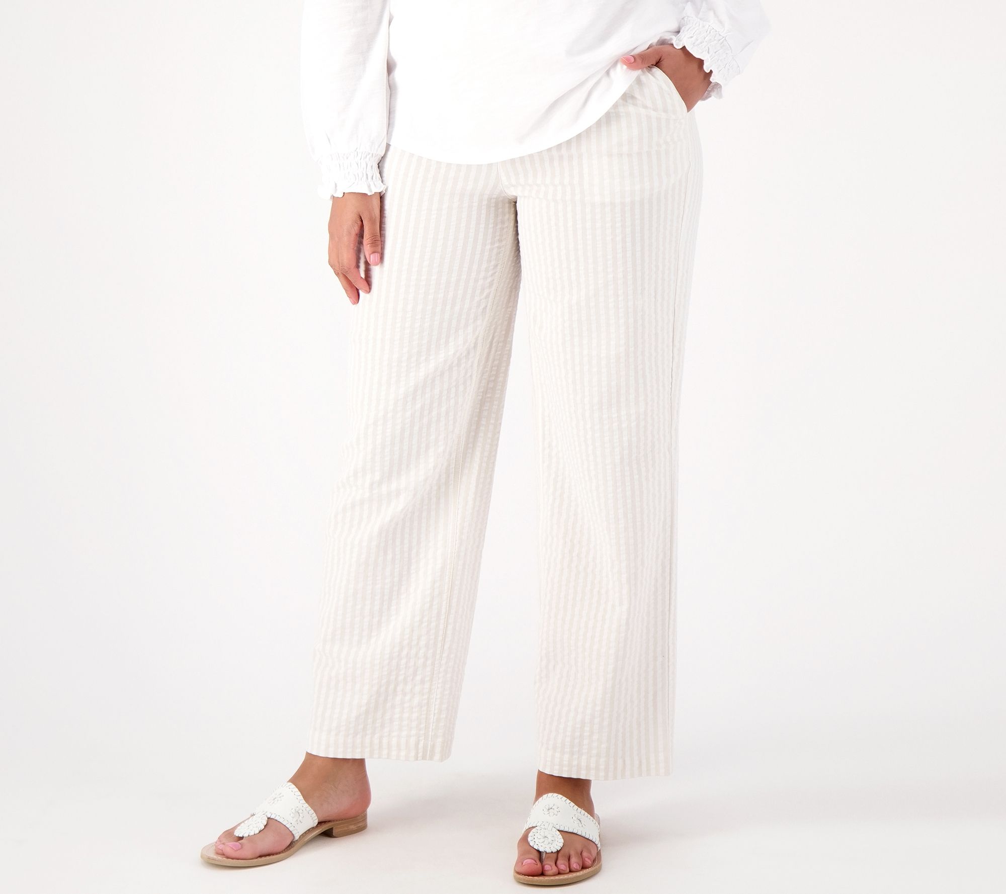 Denim & Co. Seersucker Petite Wide Leg Pull On Pant