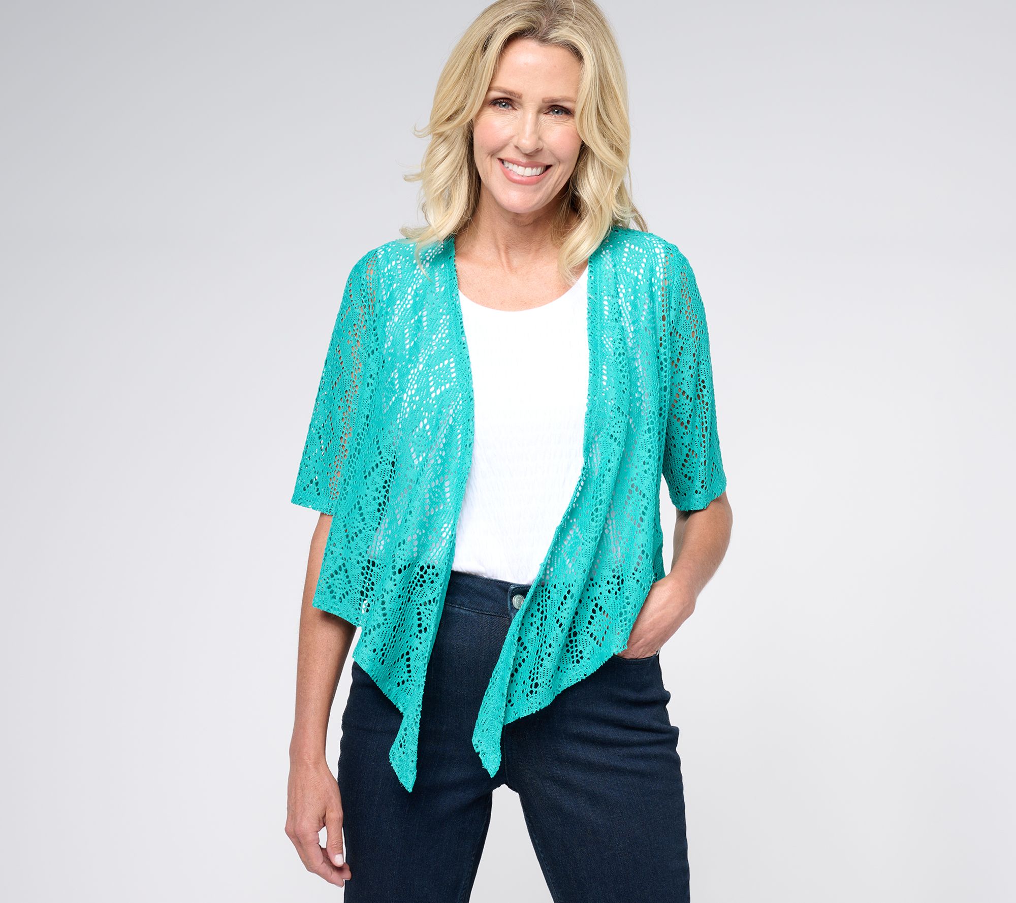 Susan Graver Pointelle Knit Elbow-Sleeve Tie-Front Shrug