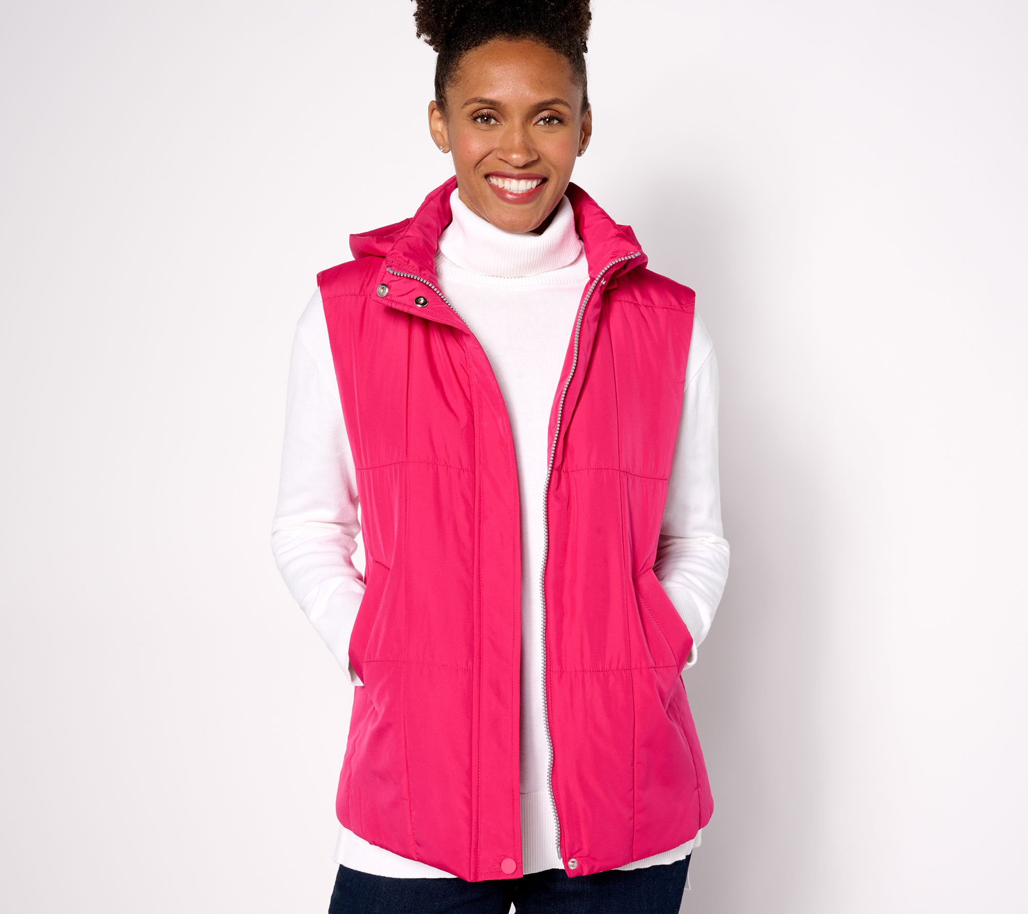Susan Graver Weekend Printed or Solid Woven Quilted Vest with Hood