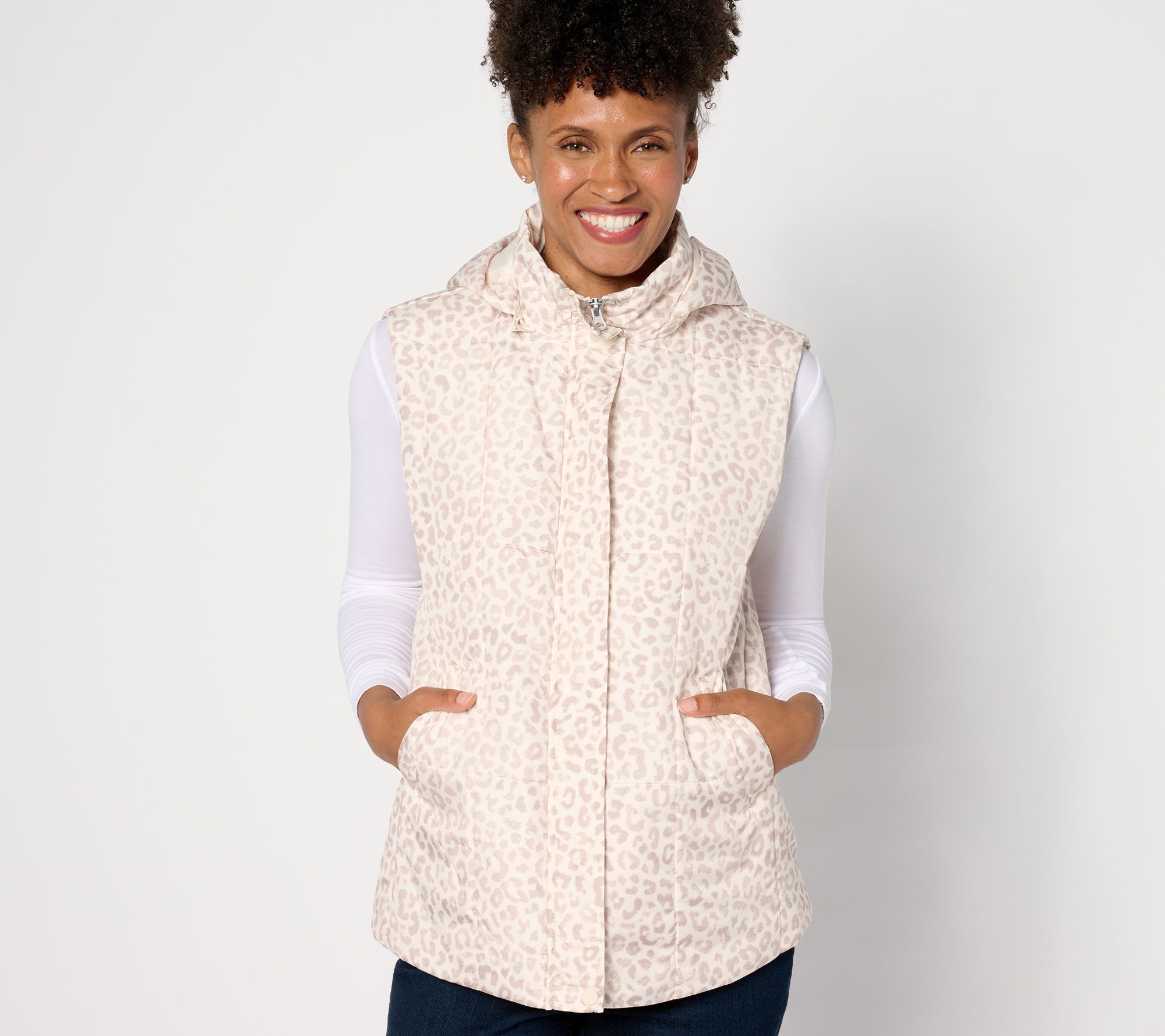 Susan Graver Weekend Printed or Solid Woven Quilted Vest with Hood