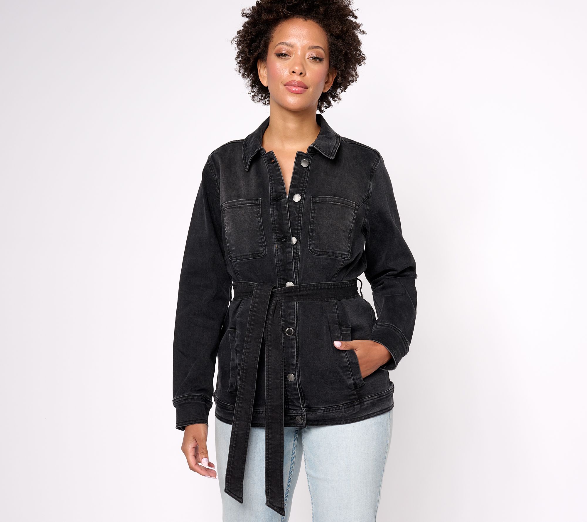 "As Is" Isaac Mizrahi Live! Black True Denim Jacket w/ Waist Tie