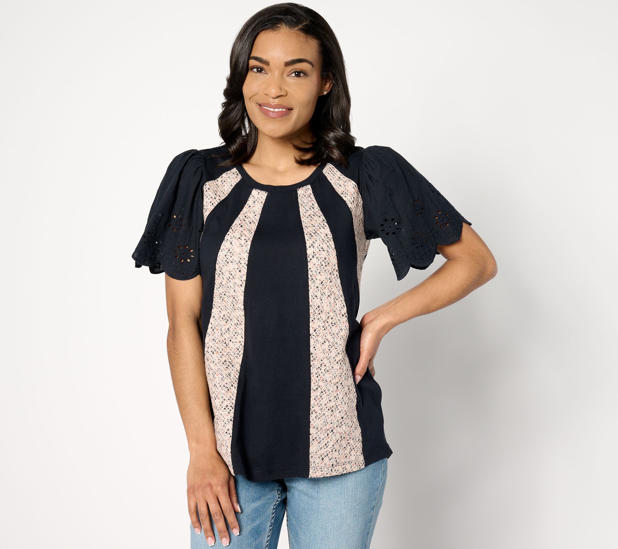 LOGO by Lori Goldstein Flutter Sleeve Scoop Neck Mixed Media Top