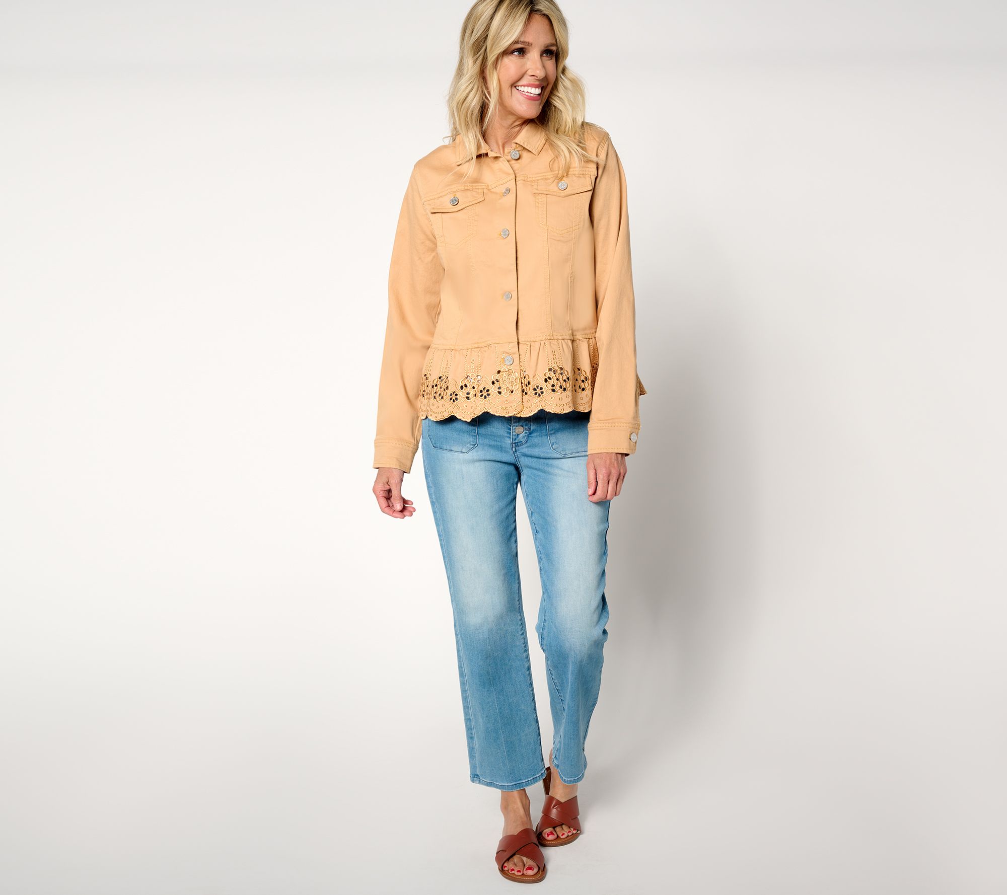 Susan Graver Peplum Denim Jacket with Eyelet Hem - QVC.com