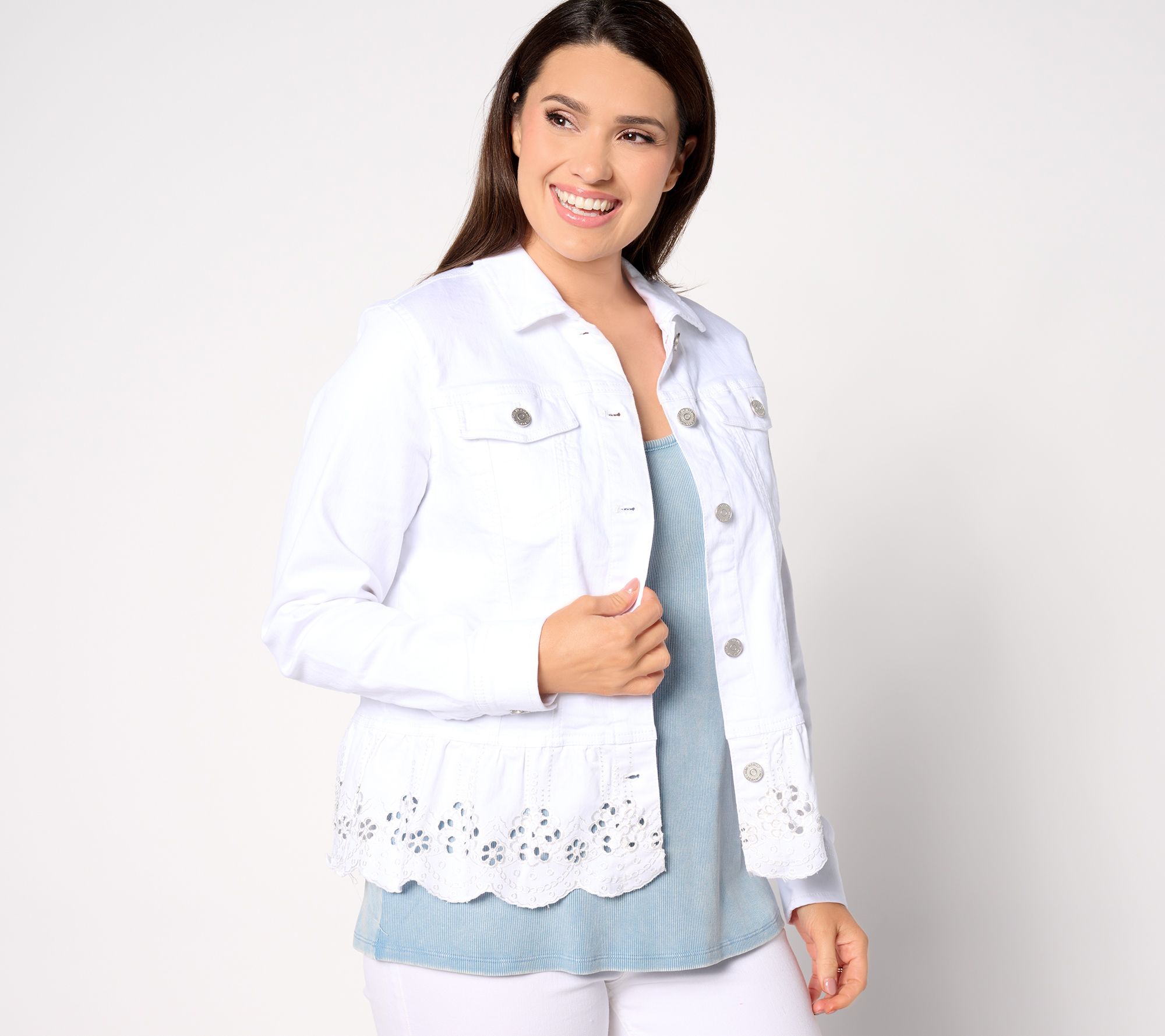 Susan Graver Peplum Denim Jacket with Eyelet Hem