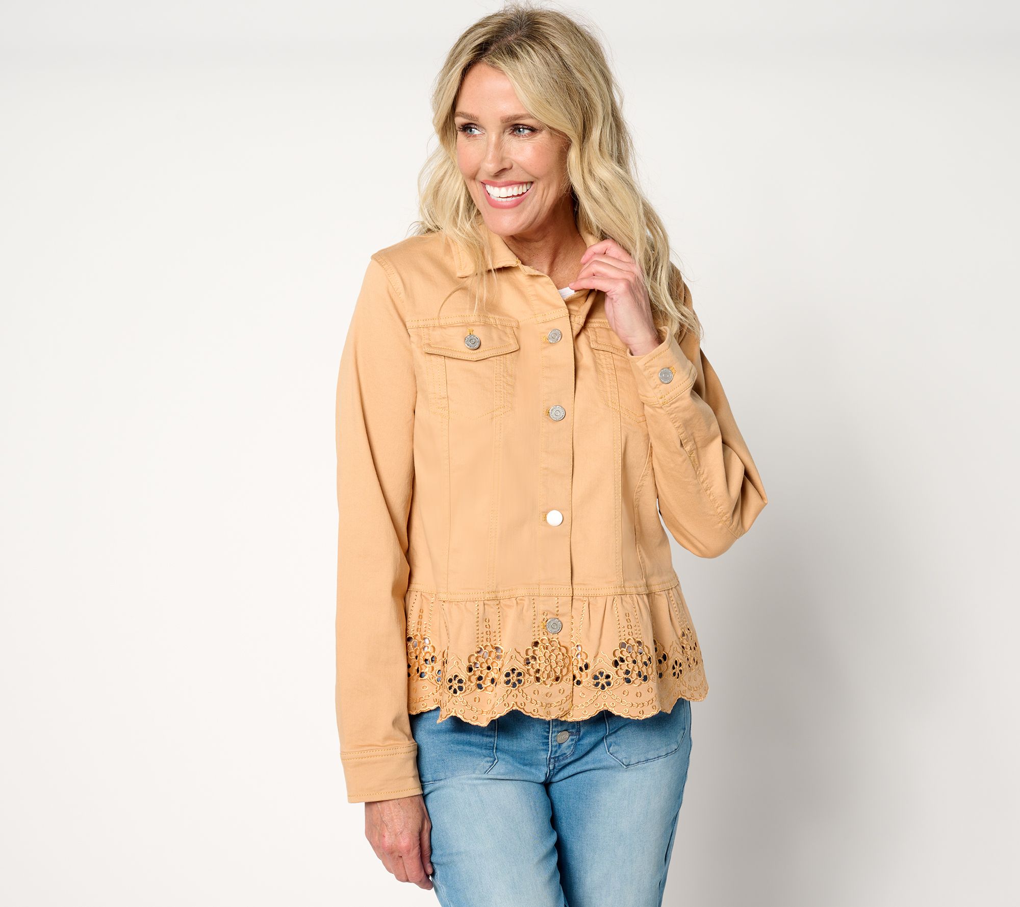 Susan Graver Peplum Denim Jacket with Eyelet Hem