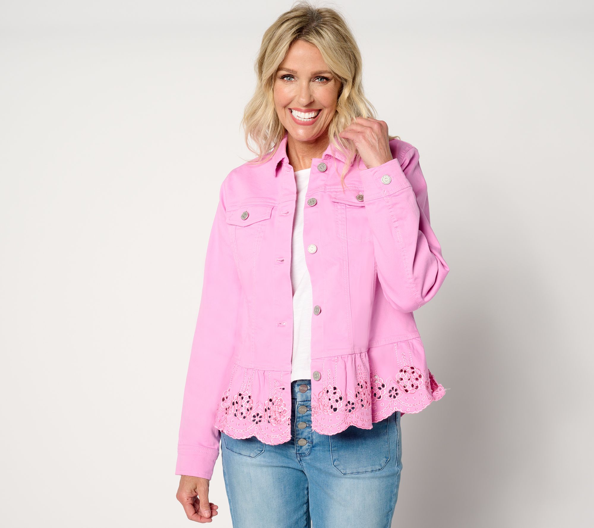 Susan Graver Peplum Denim Jacket with Eyelet Hem