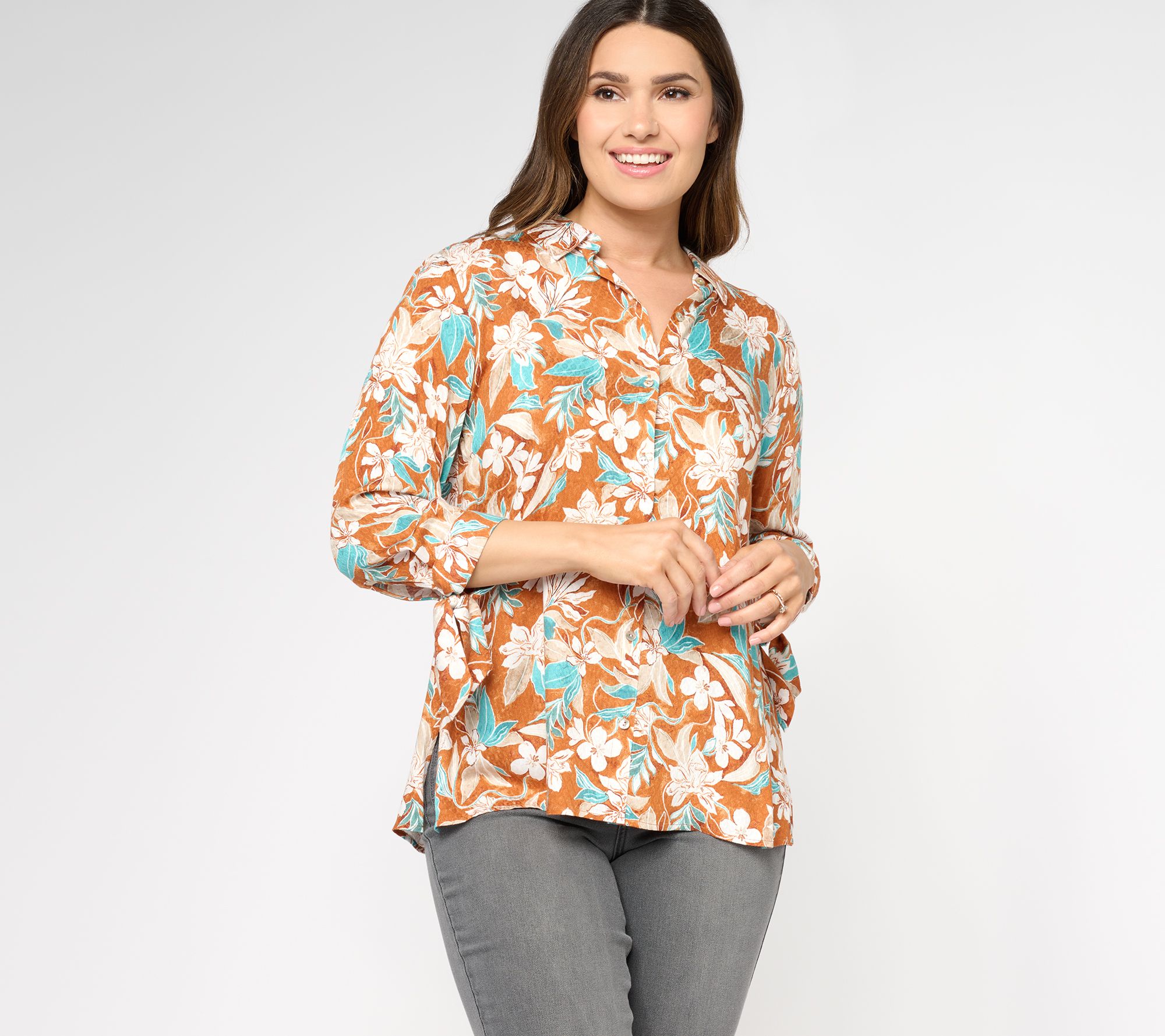 "As Is" Susan Graver Printed Woven Jacquard A-Line Button Front Shirt