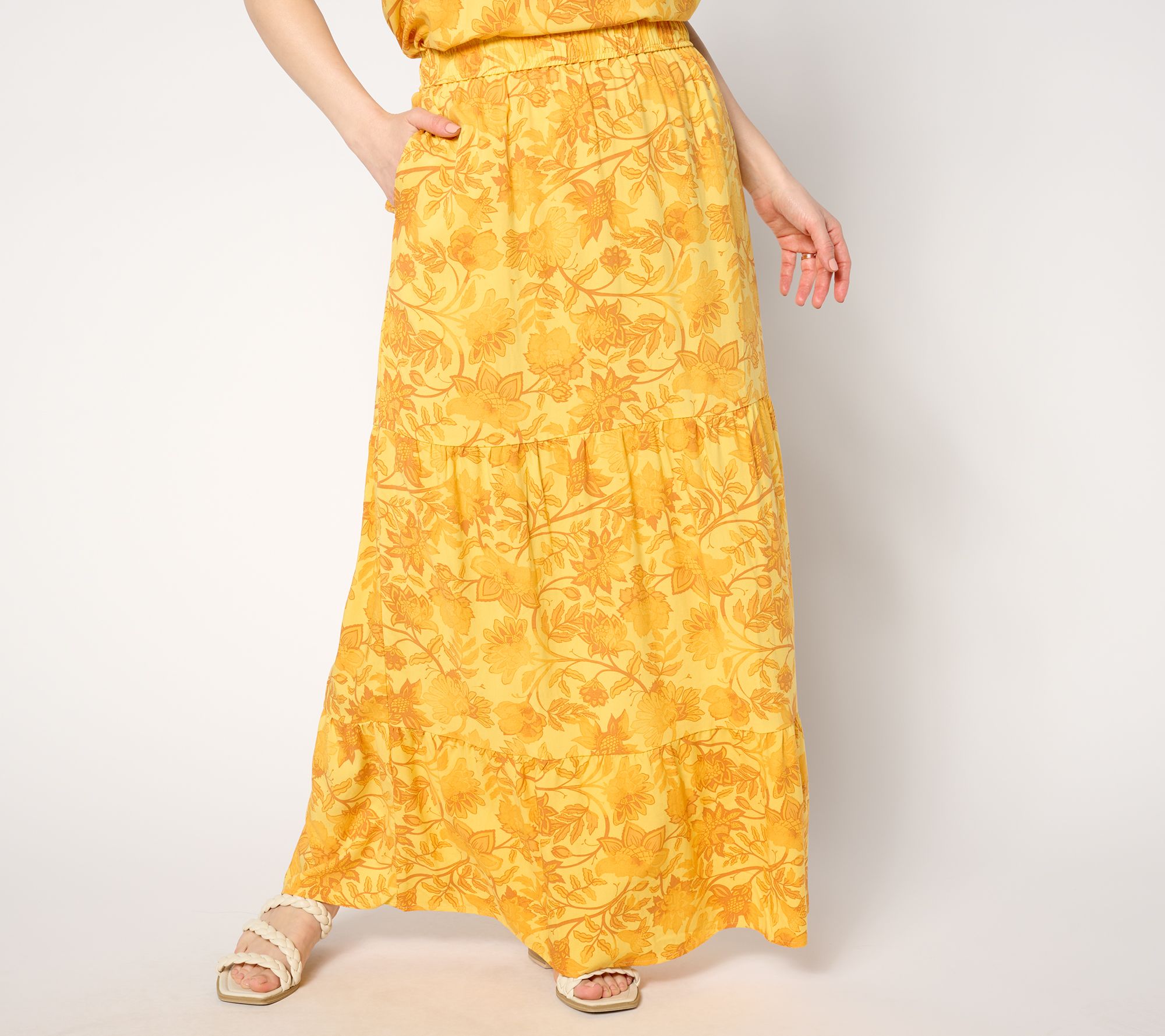 Denim & Co. Petite Printed Tiered Skirt with Pockets