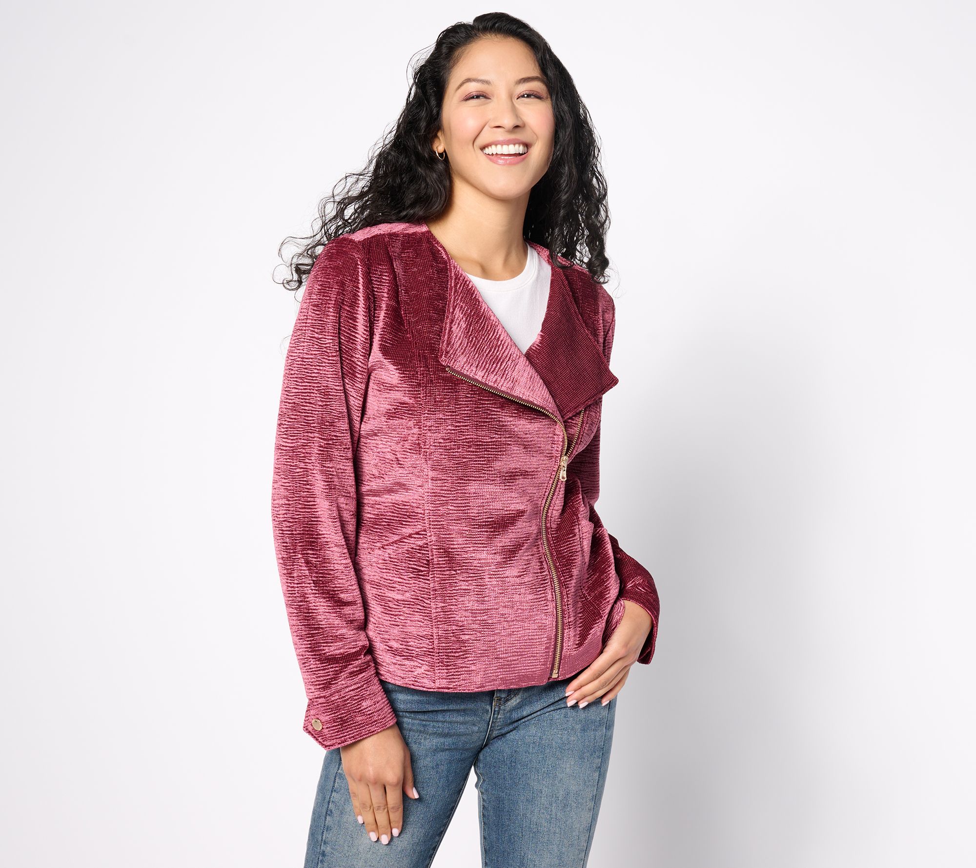 "As Is" Isaac Mizrahi Live! Crushed Velvet Zip Front Moto Jacket