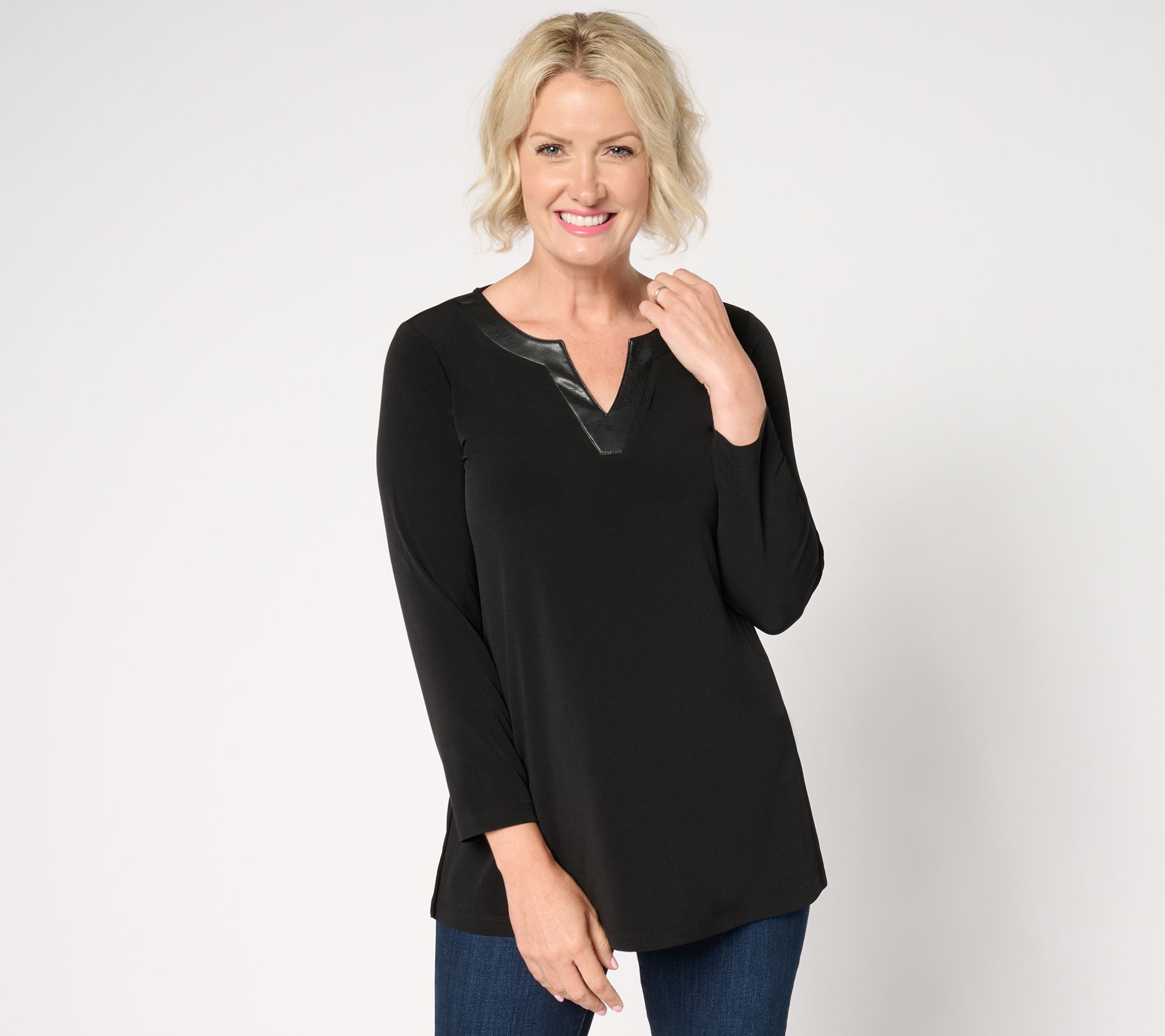 Susan Graver Regular Liquid Knit A-Line Tunic w/ Faux Leather Trim