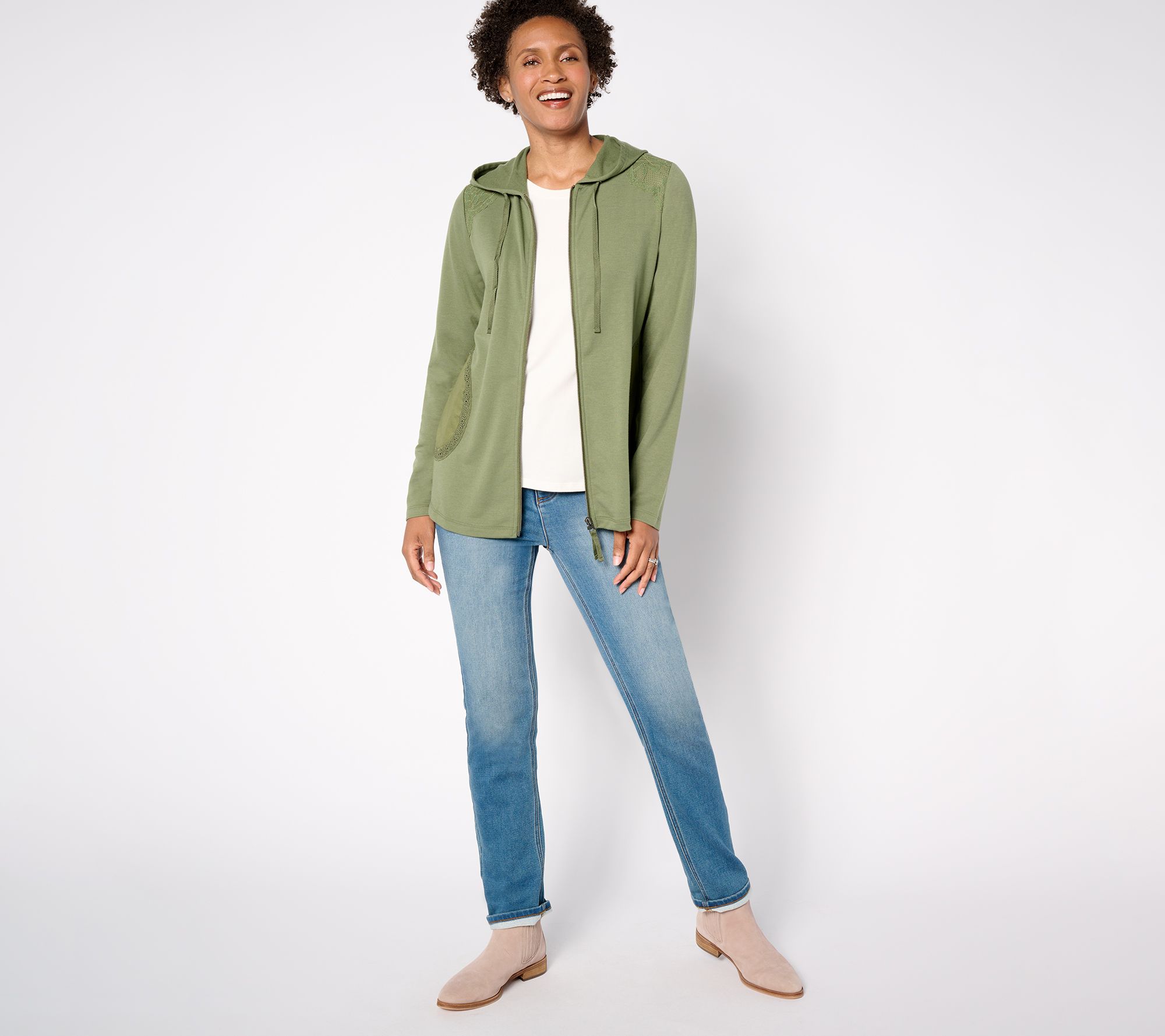 LOGO Life by Lori Goldstein Zip Front Hoodie with Crochet