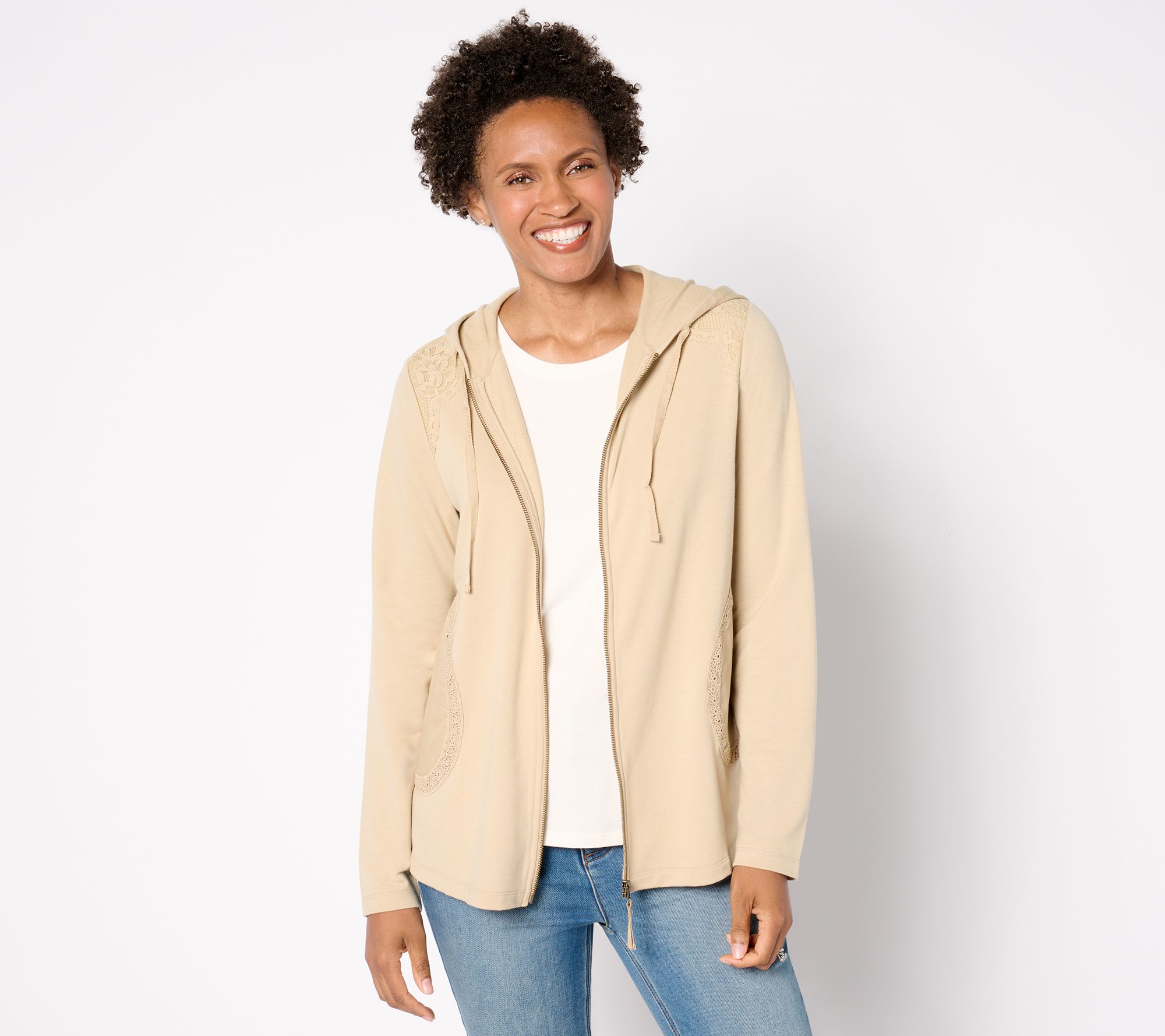 LOGO Life by Lori Goldstein Zip Front Hoodie with Crochet