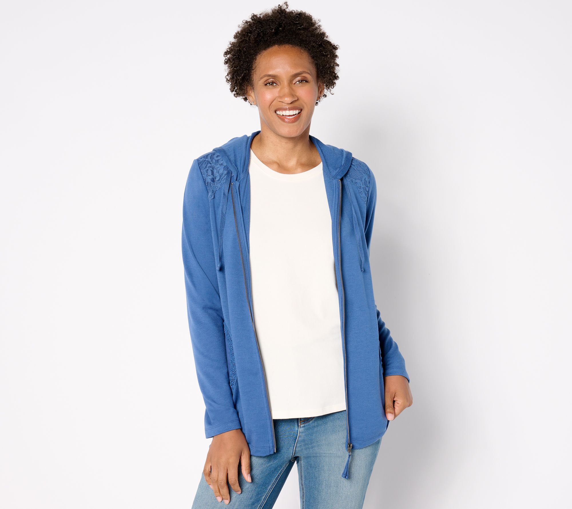 LOGO Life by Lori Goldstein Zip Front Hoodie with Crochet