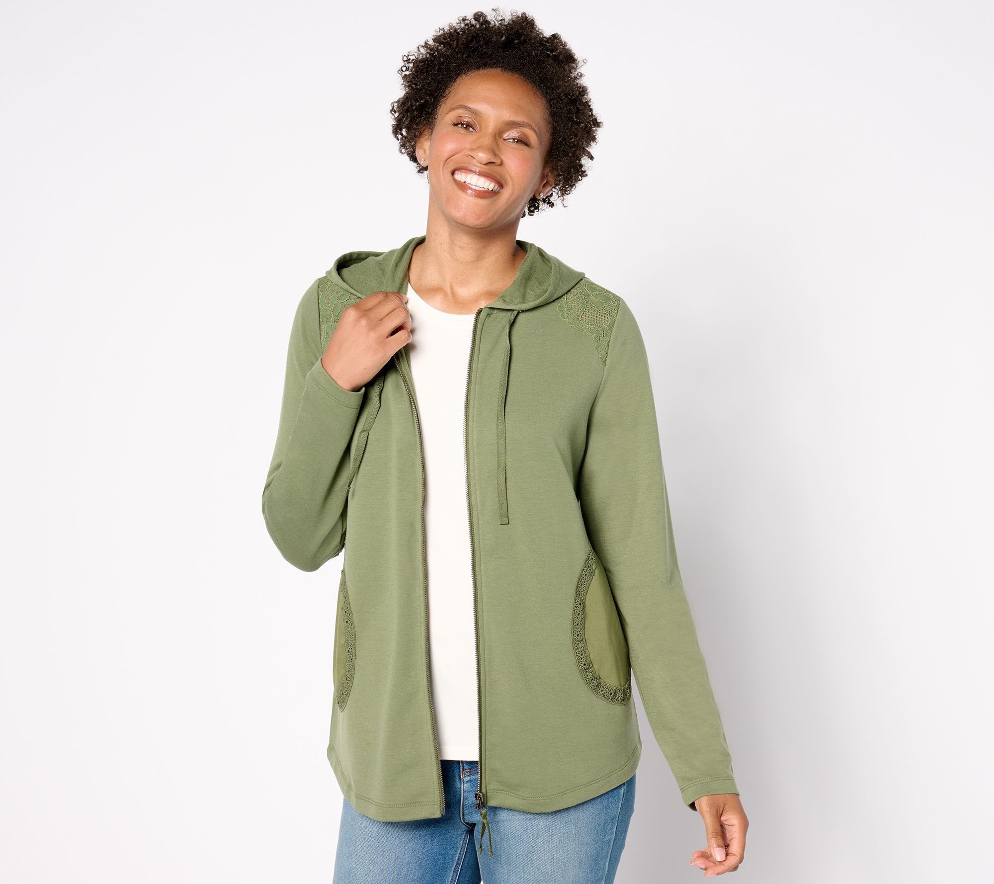 LOGO Life by Lori Goldstein Zip Front Hoodie with Crochet