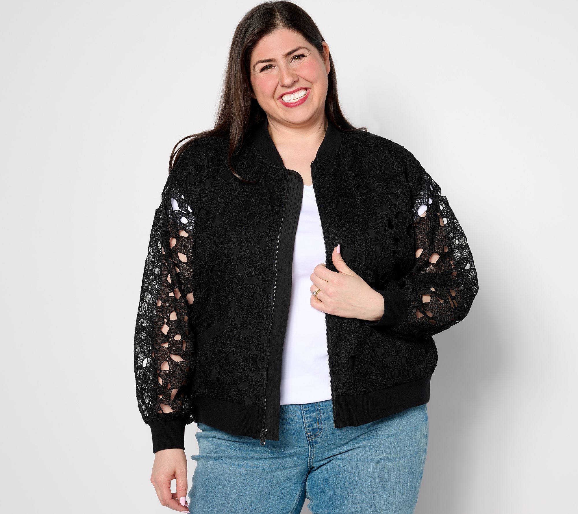 "As Is" Isaac Mizrahi Live! Zip Front Lace Bomber Jacket with Pockets