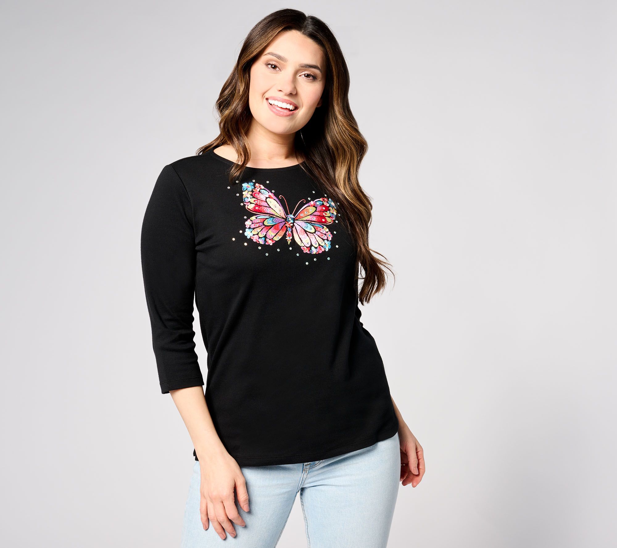 "As Is" Quacker Factory Floribunda Butterfly Embroidered Top