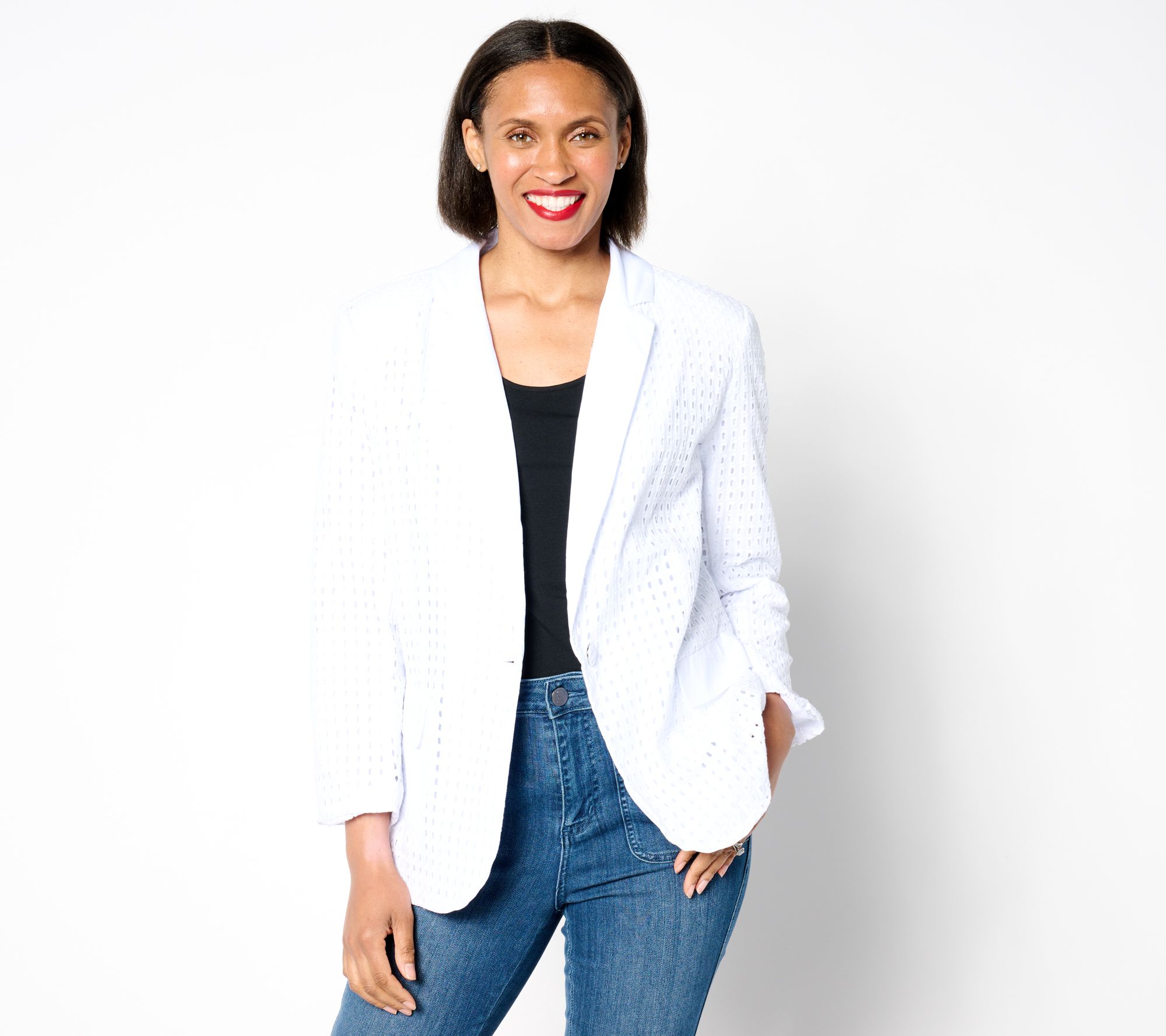 "As Is" Susan Graver PURE Cotton Eyelet Notch Collar Blazer