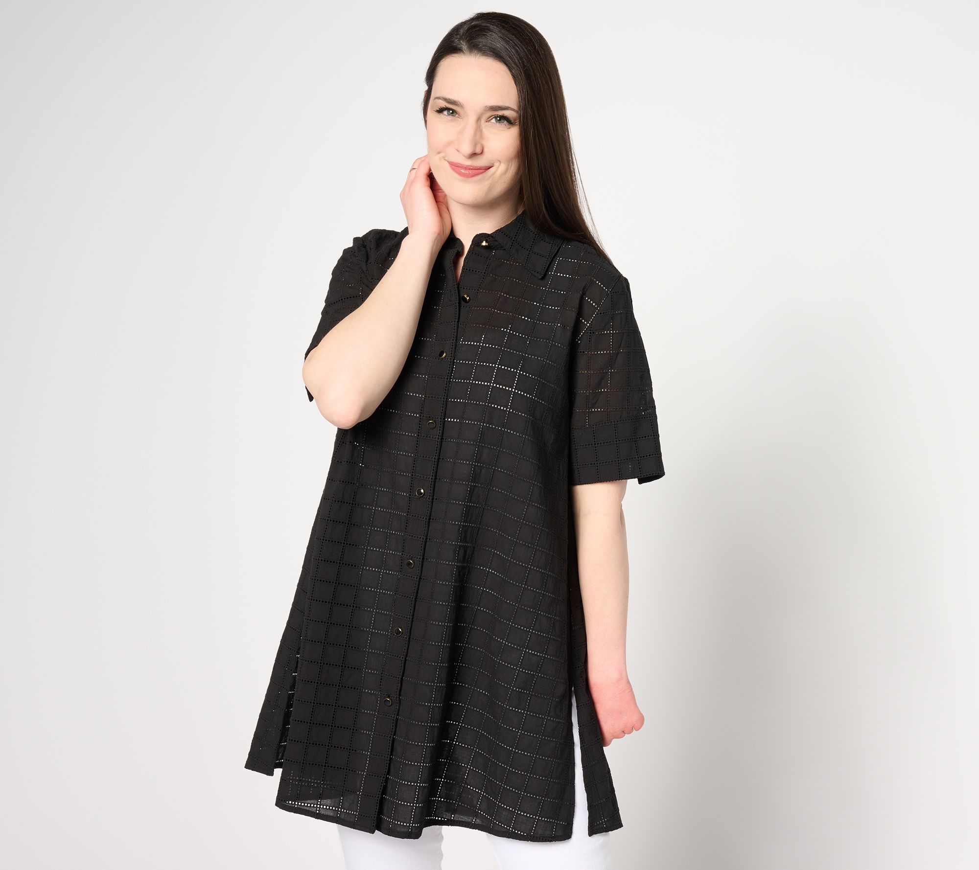 "As Is" Dennis Basso Button Front Eyelet Duster