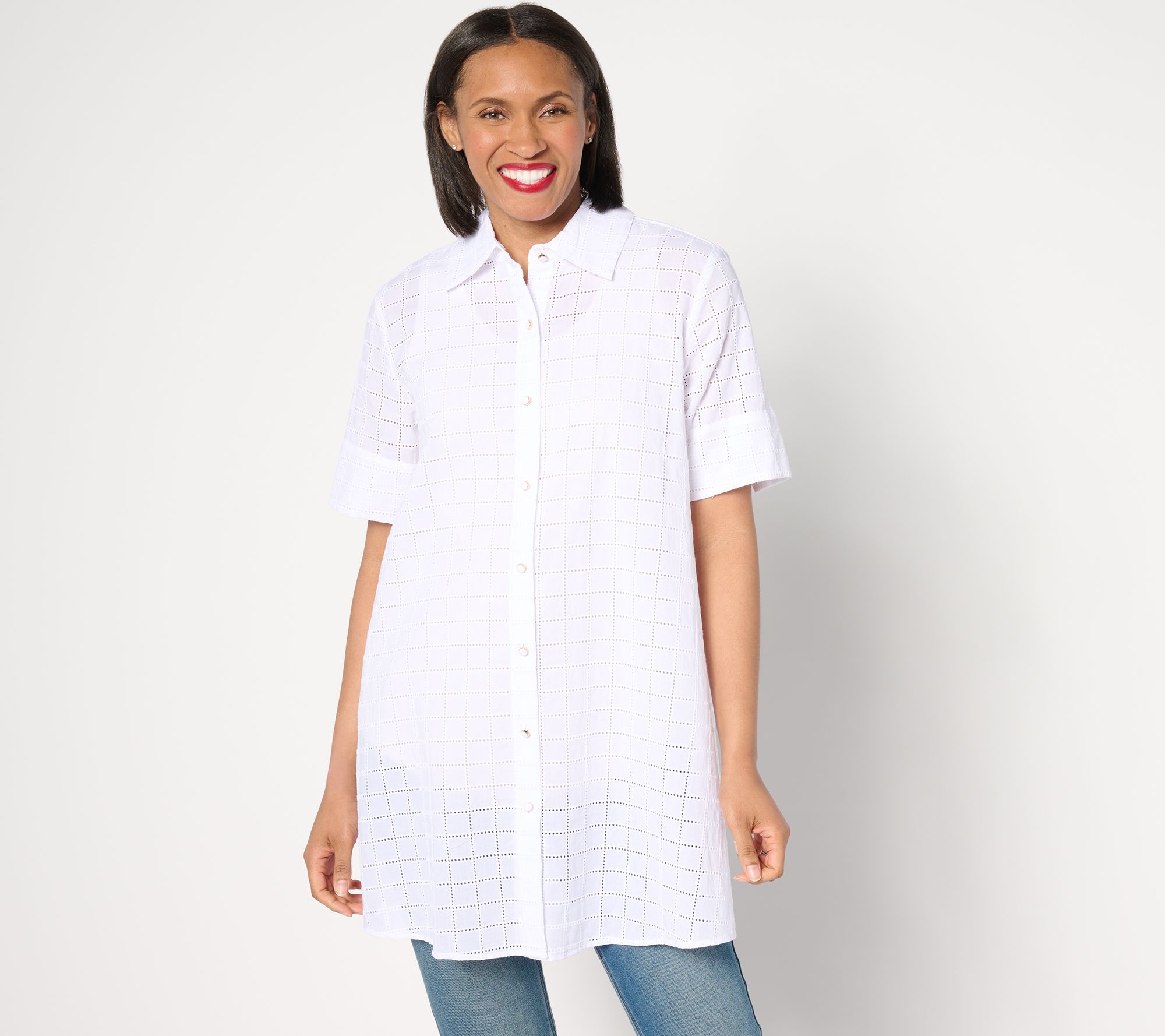 "As Is" Dennis Basso Button Front Eyelet Duster