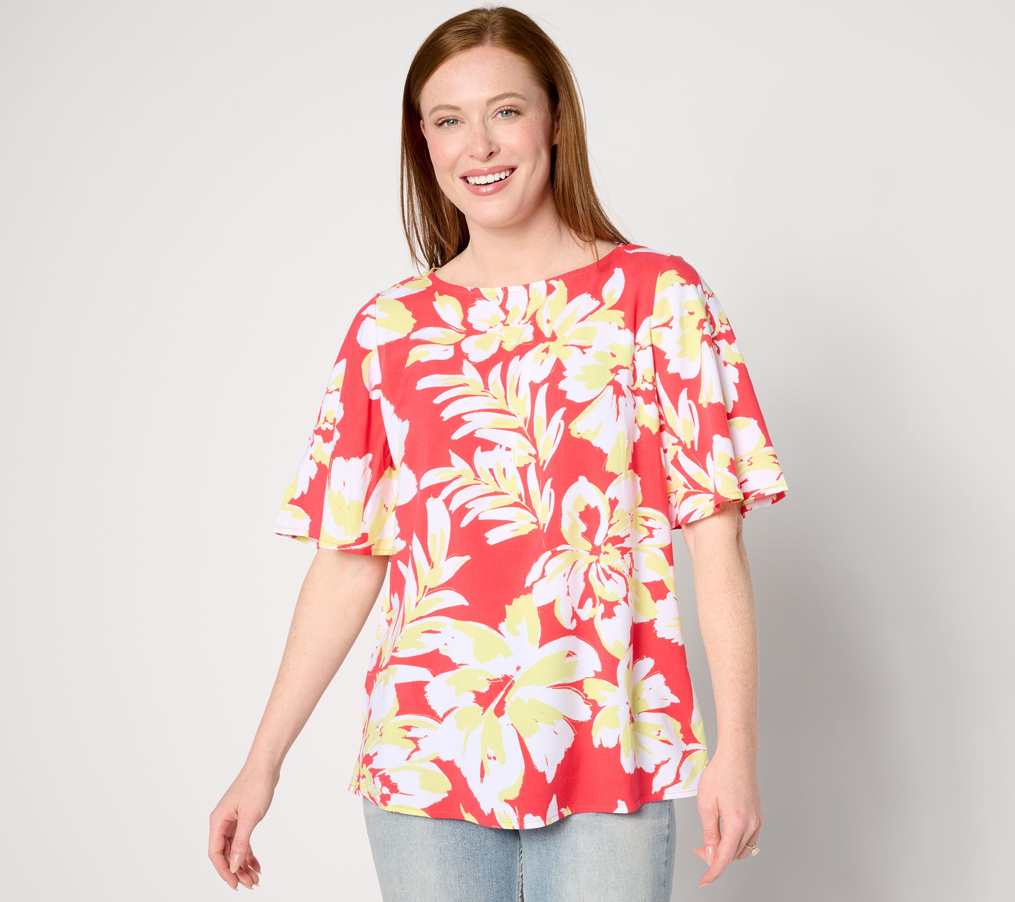 "As Is" Denim & Co. Printed Boatneck Blouse w/ Flutter Sleeve