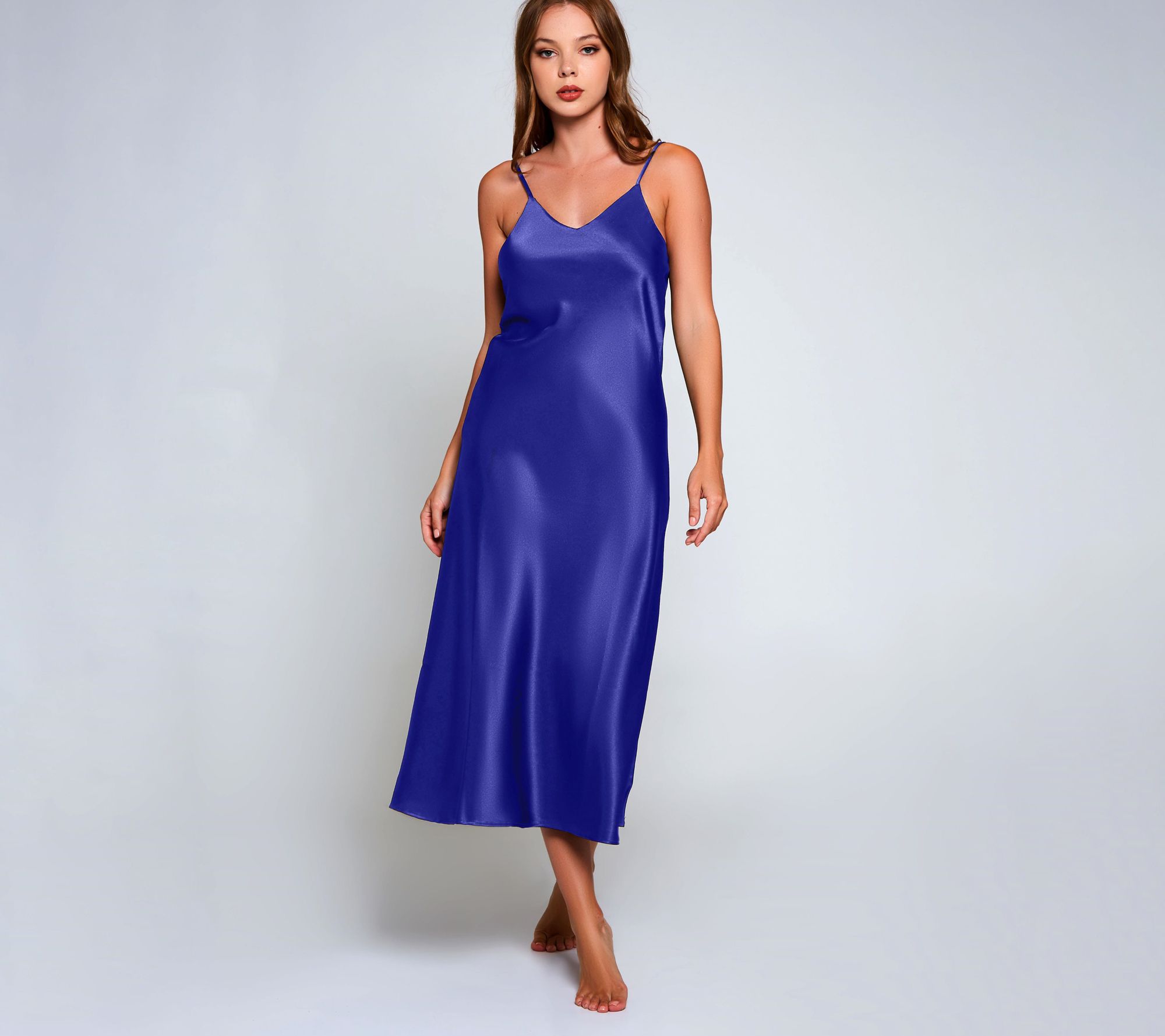 iCollection Satin Glossy Midi Sleep Dress in Sa pphire Blue