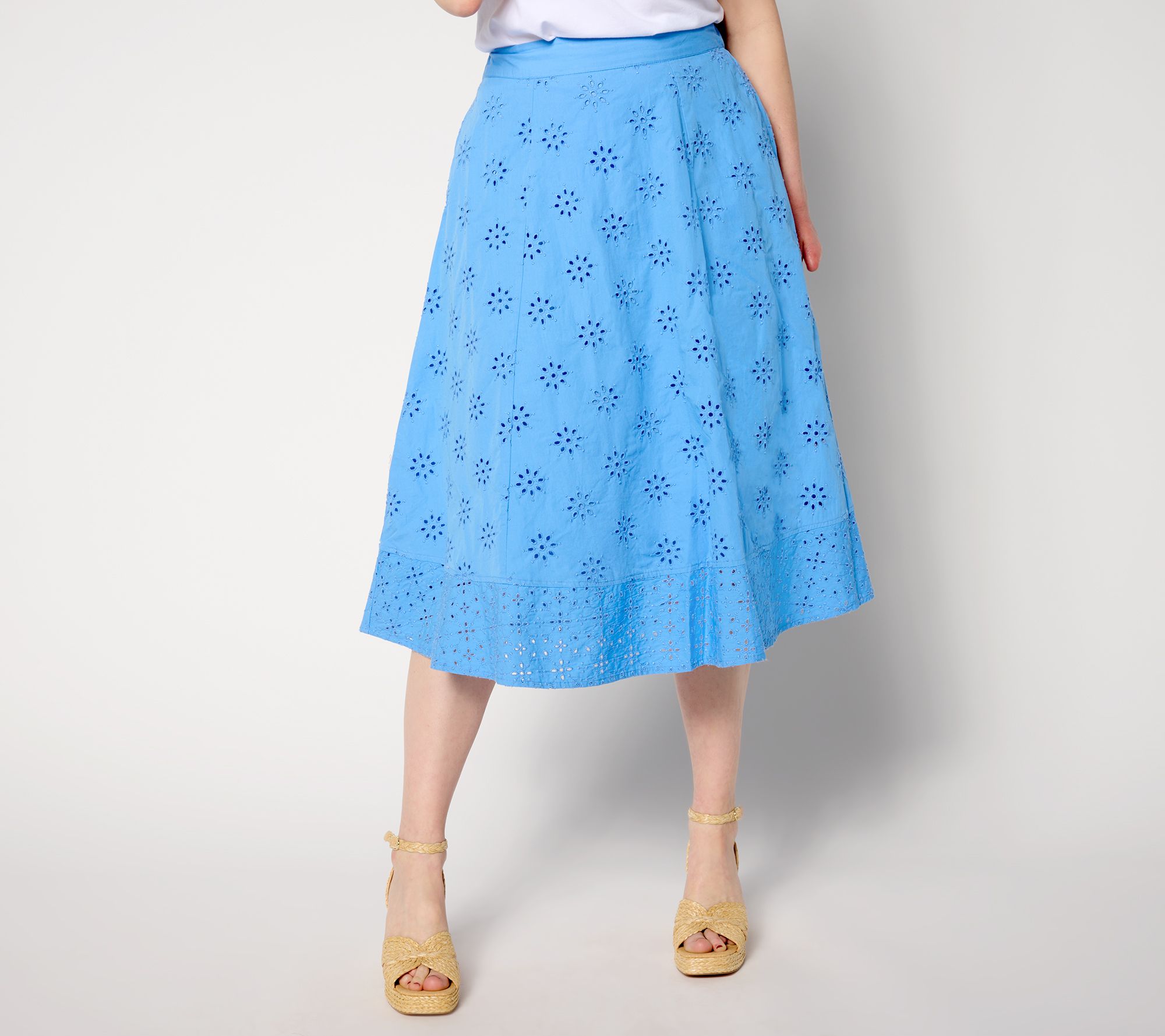 "As Is" Isaac Mizrahi Live! Tall Embroider Cotton Eyelet Midi Skirt