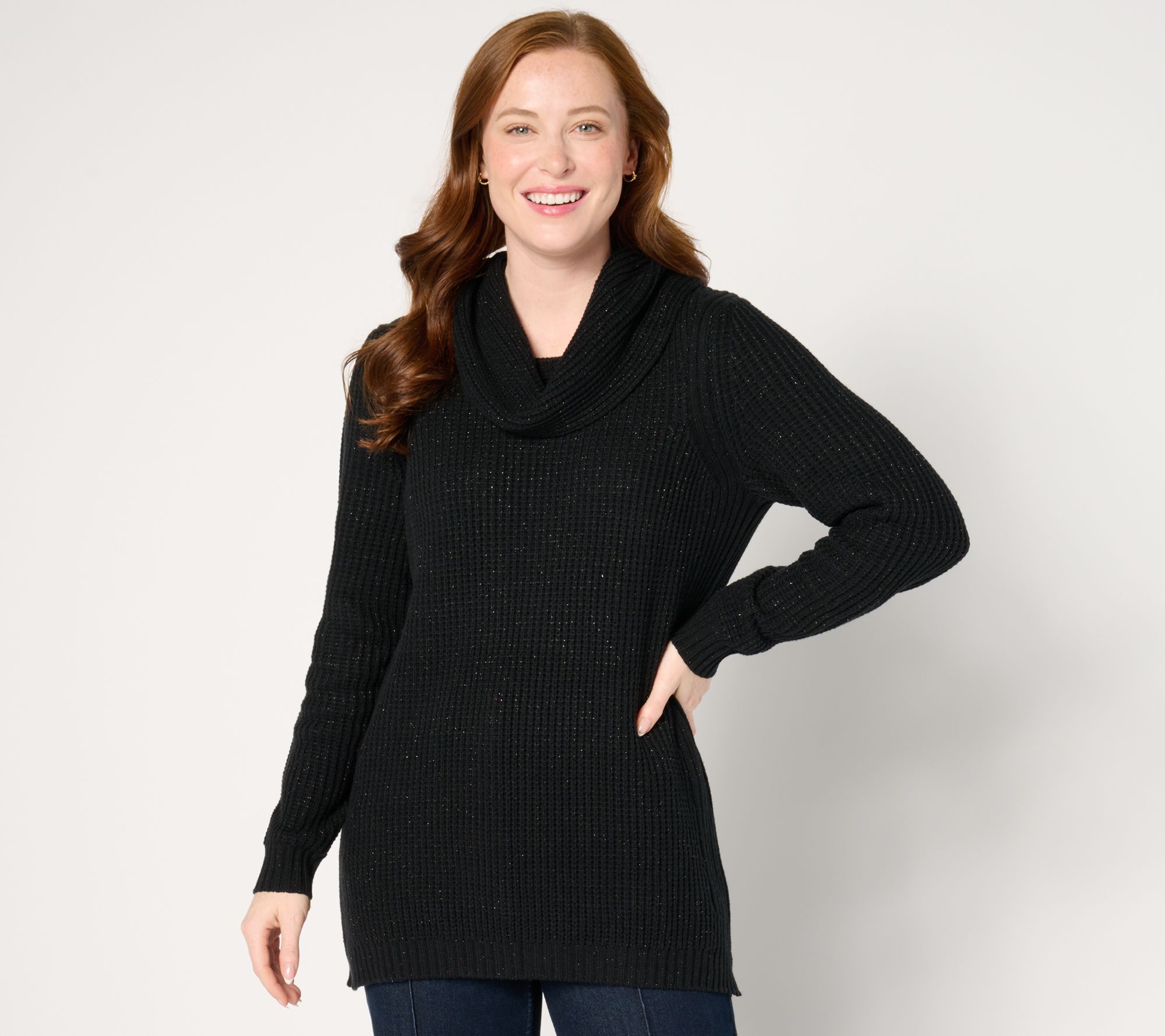 Denim & Co. Lurex Waffle Cowl Neck Sweater