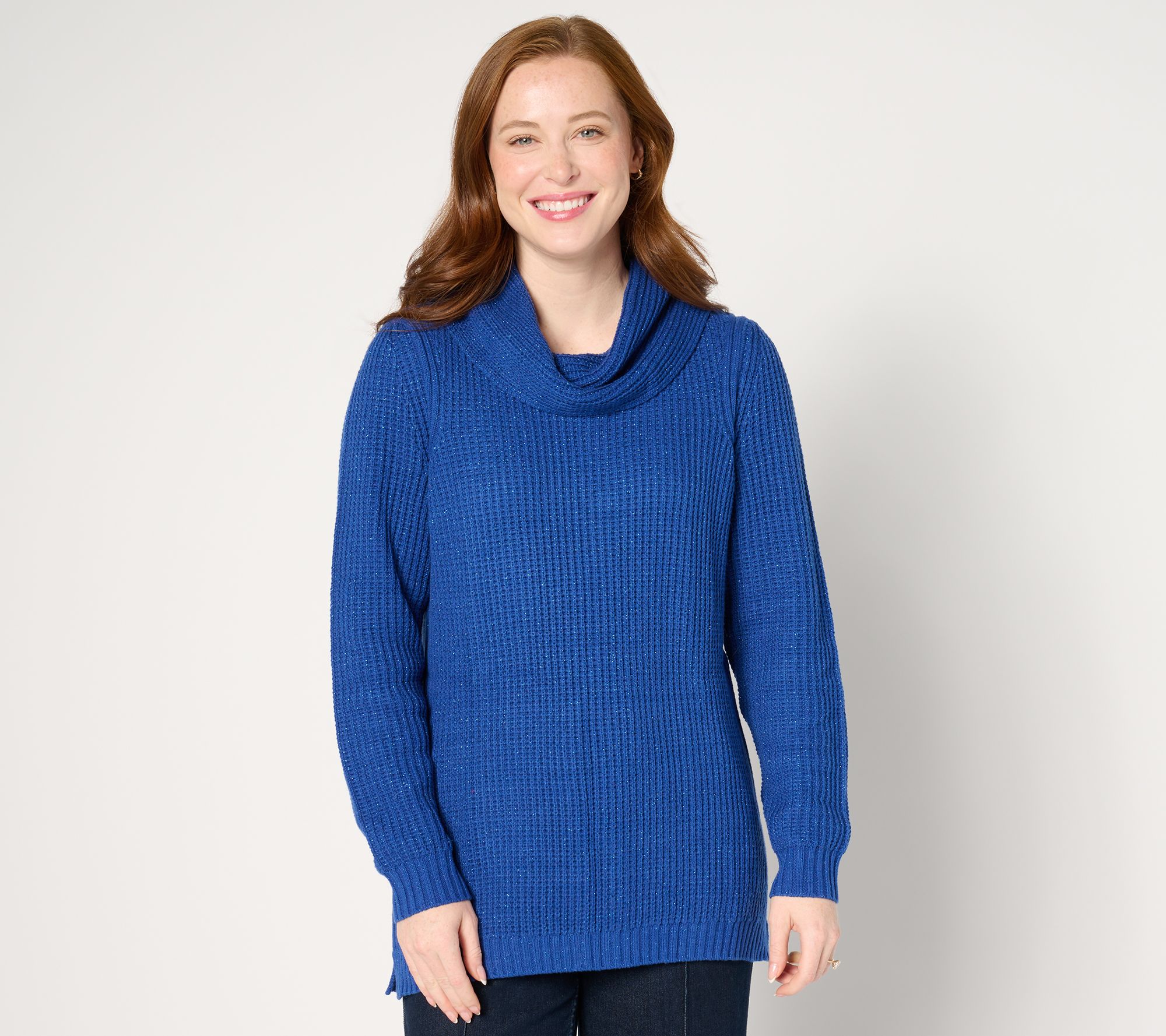 Denim & Co. Lurex Waffle Cowl Neck Sweater