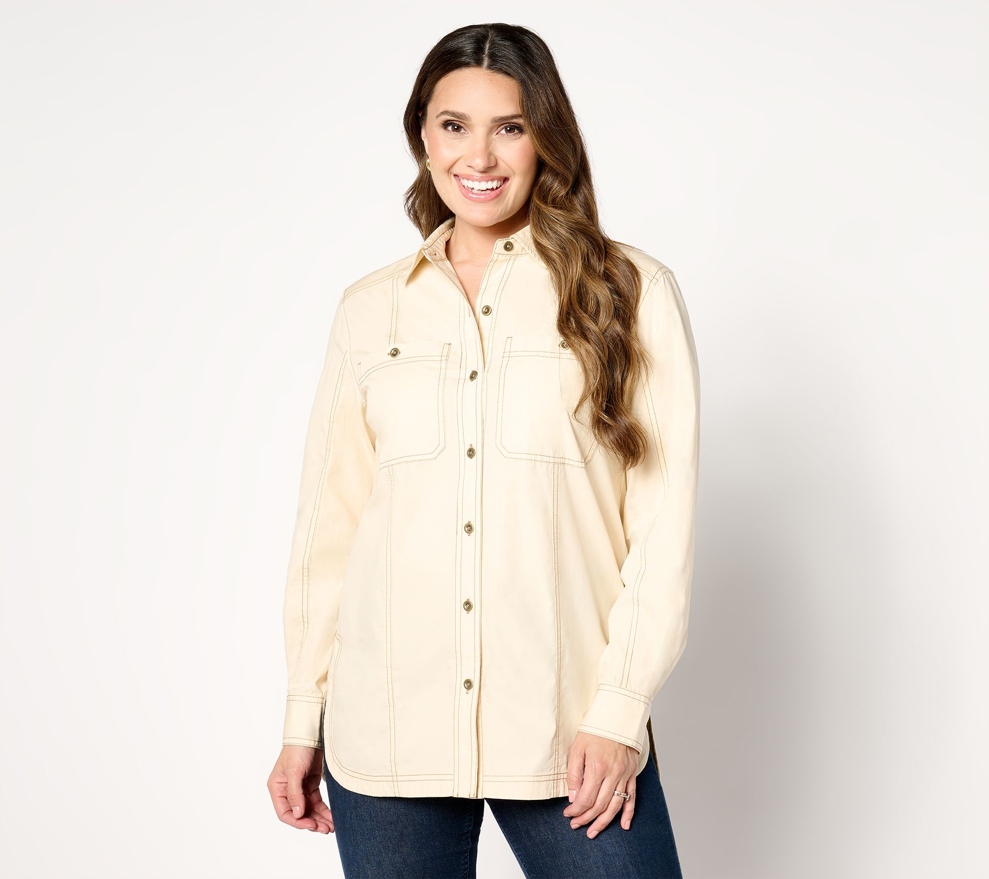 "As Is" Joan Rivers Solid Button Front Shirt with Topstitch