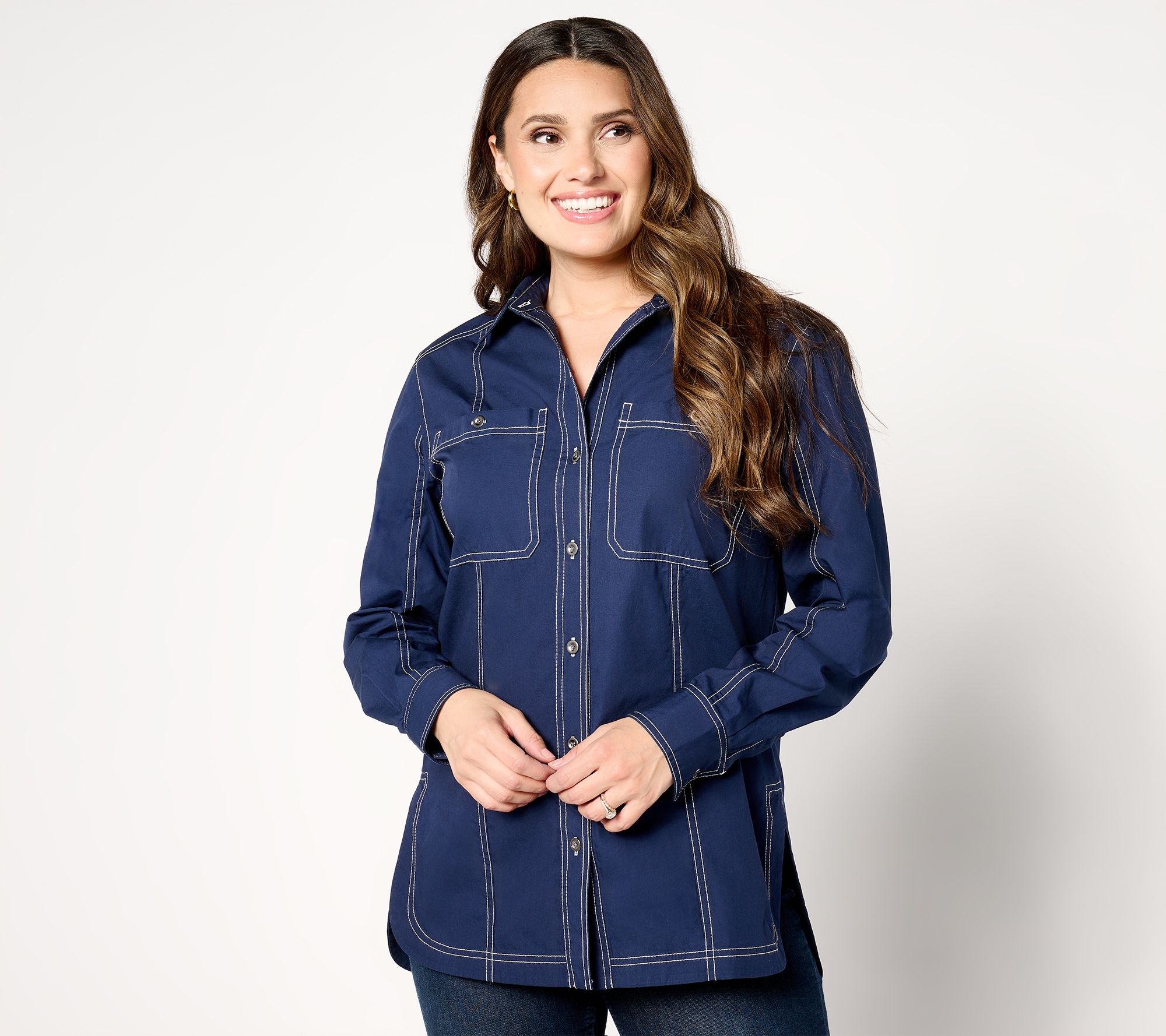 "As Is" Joan Rivers Solid Button Front Shirt with Topstitch