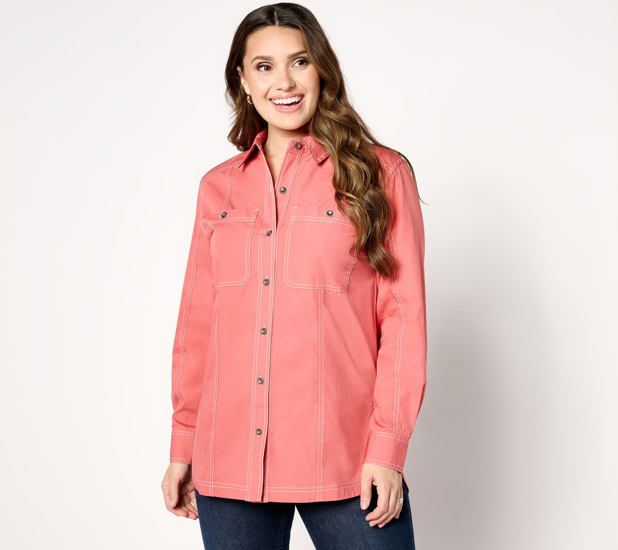 "As Is" Joan Rivers Solid Button Front Shirt with Topstitch