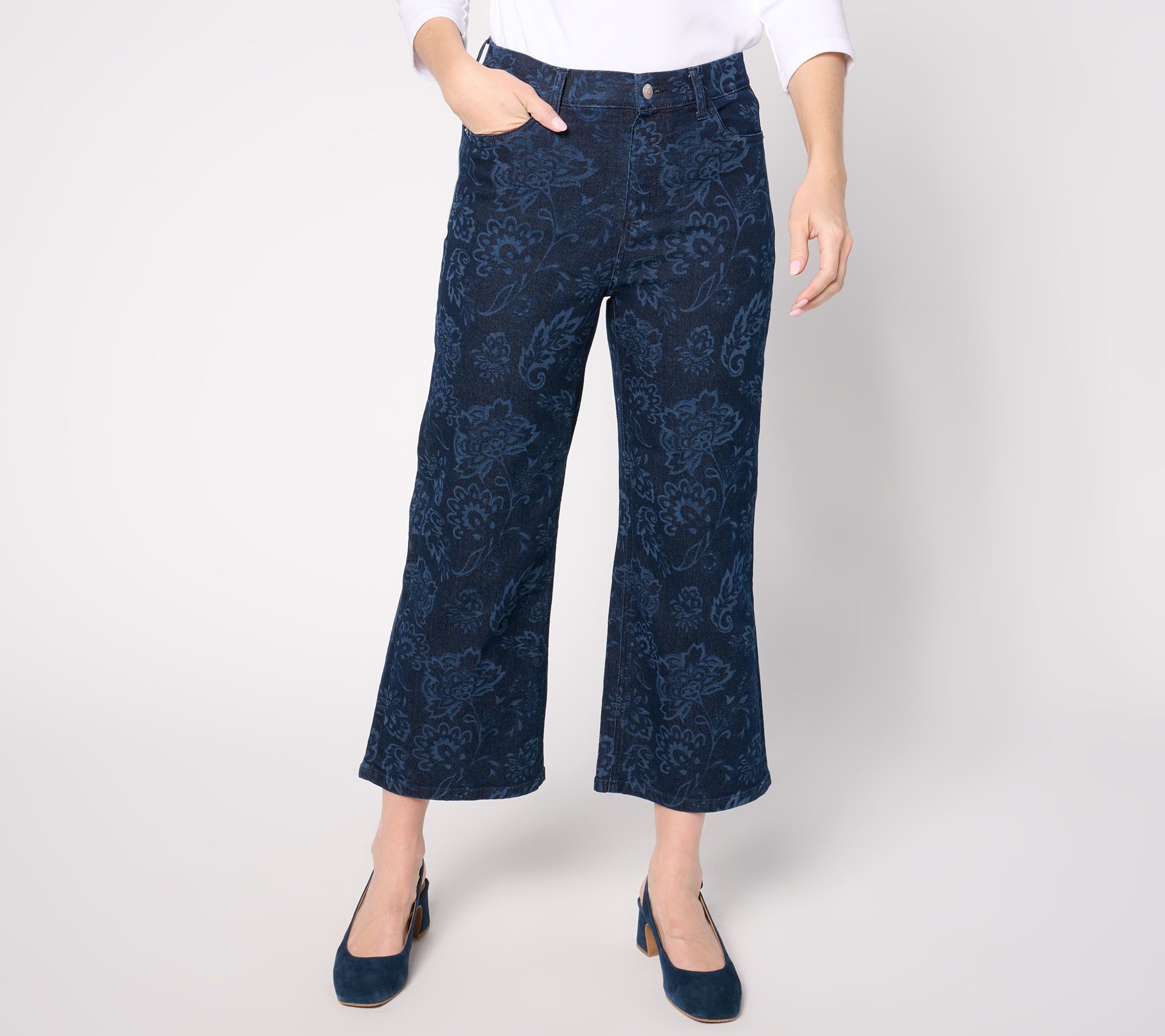 Denim & Co. Petite Laser Printed Wide Leg Denim Crop Jean