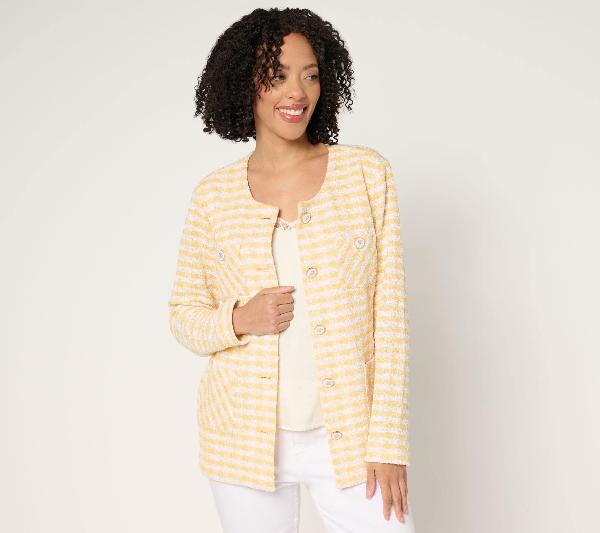 GRAVER Susan Graver Knit Boucle Jewel Neck Button Front Jacket