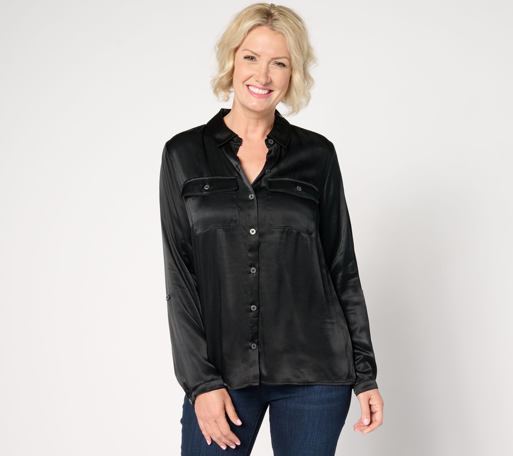 "As Is" Joan Rivers Satin Button Front Shirt with Chest Pockets