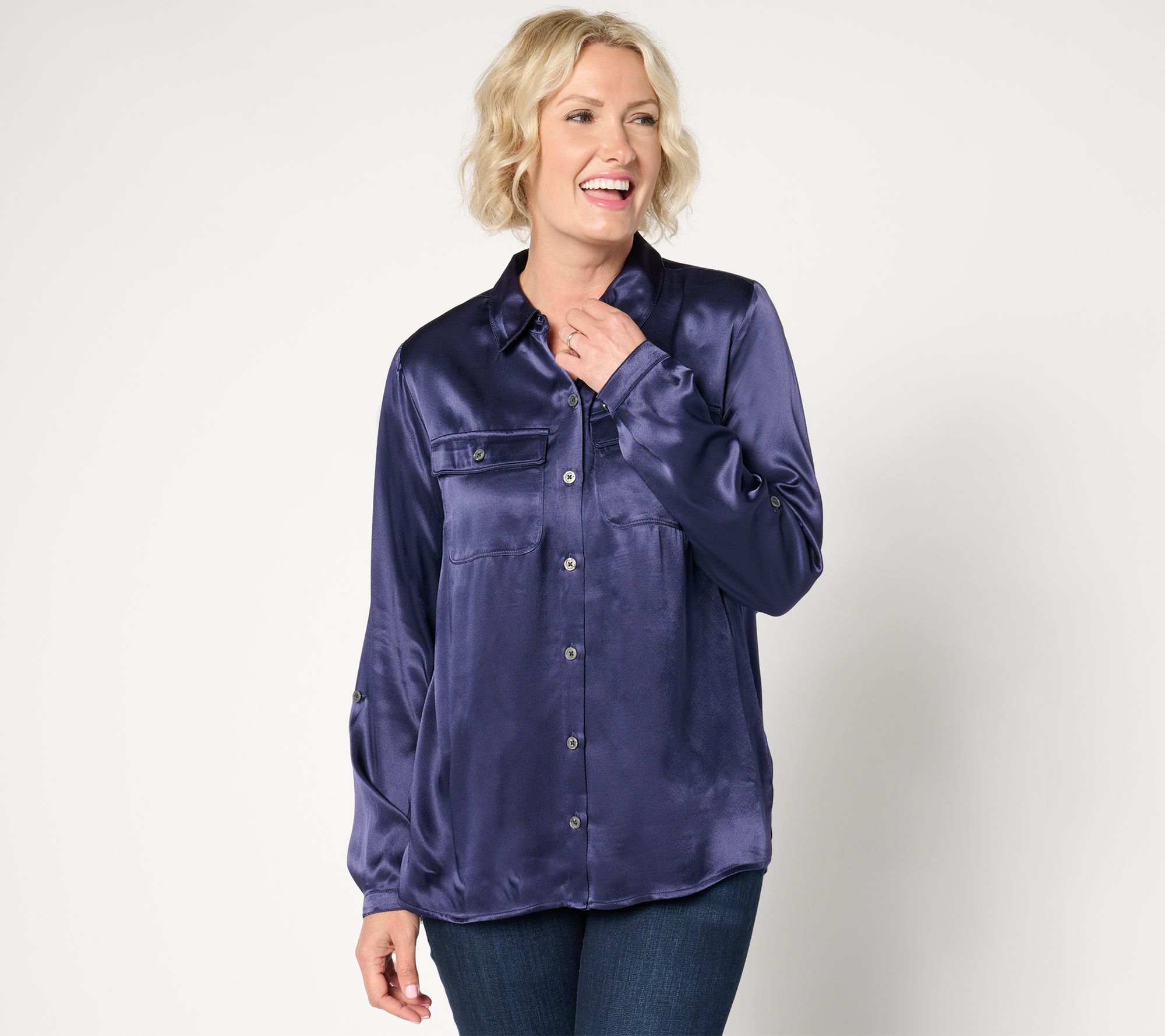 "As Is" Joan Rivers Satin Button Front Shirt with Chest Pockets