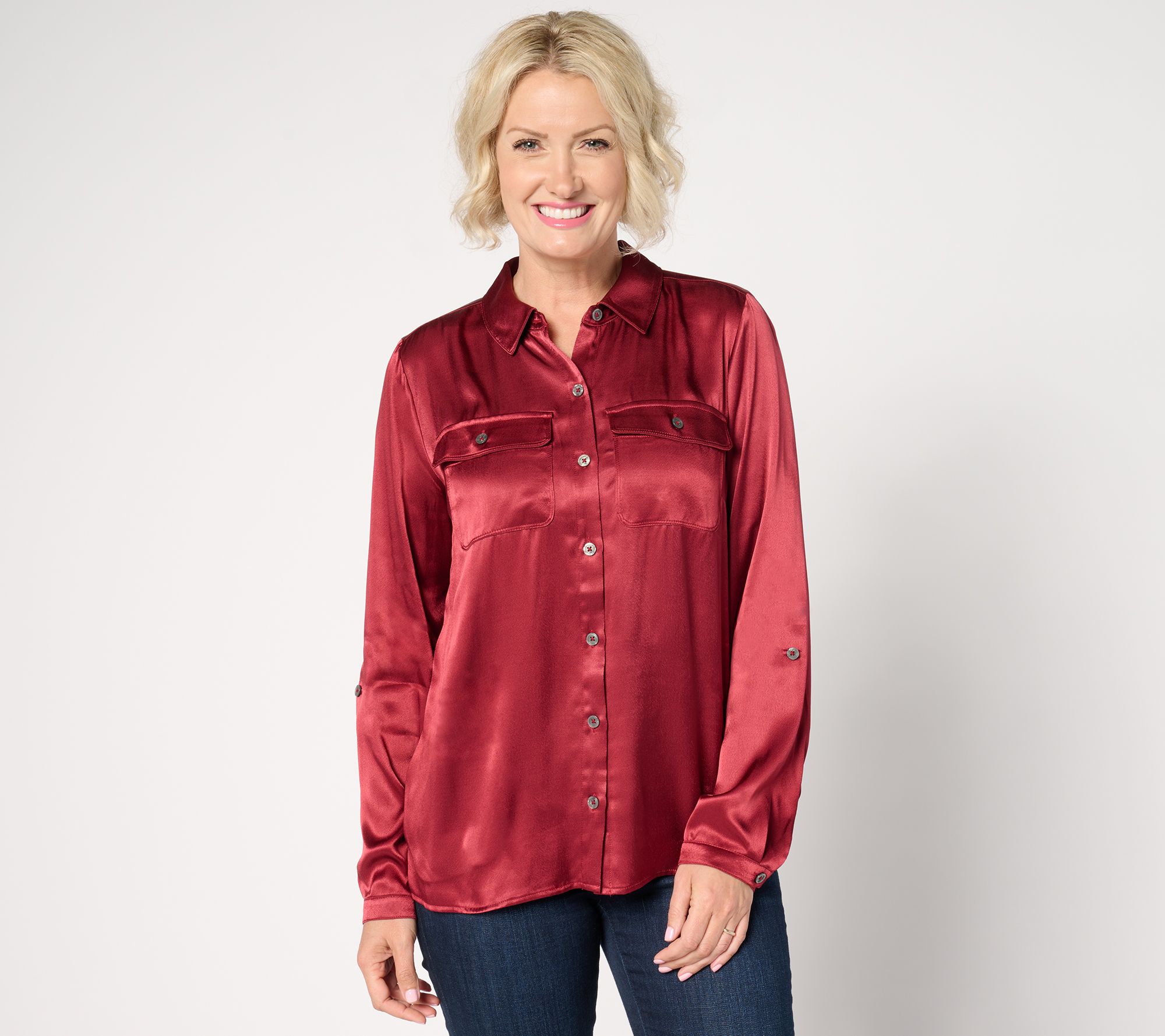 "As Is" Joan Rivers Satin Button Front Shirt with Chest Pockets