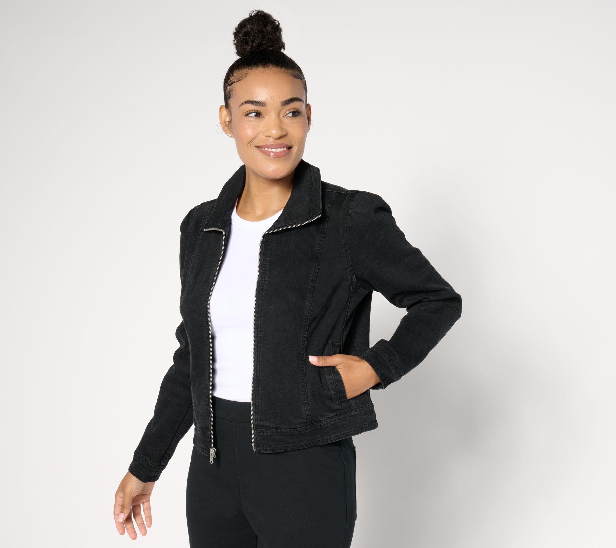 "As Is" Isaac Mizrahi Live! True Denim Black Zip Bomber Jacket
