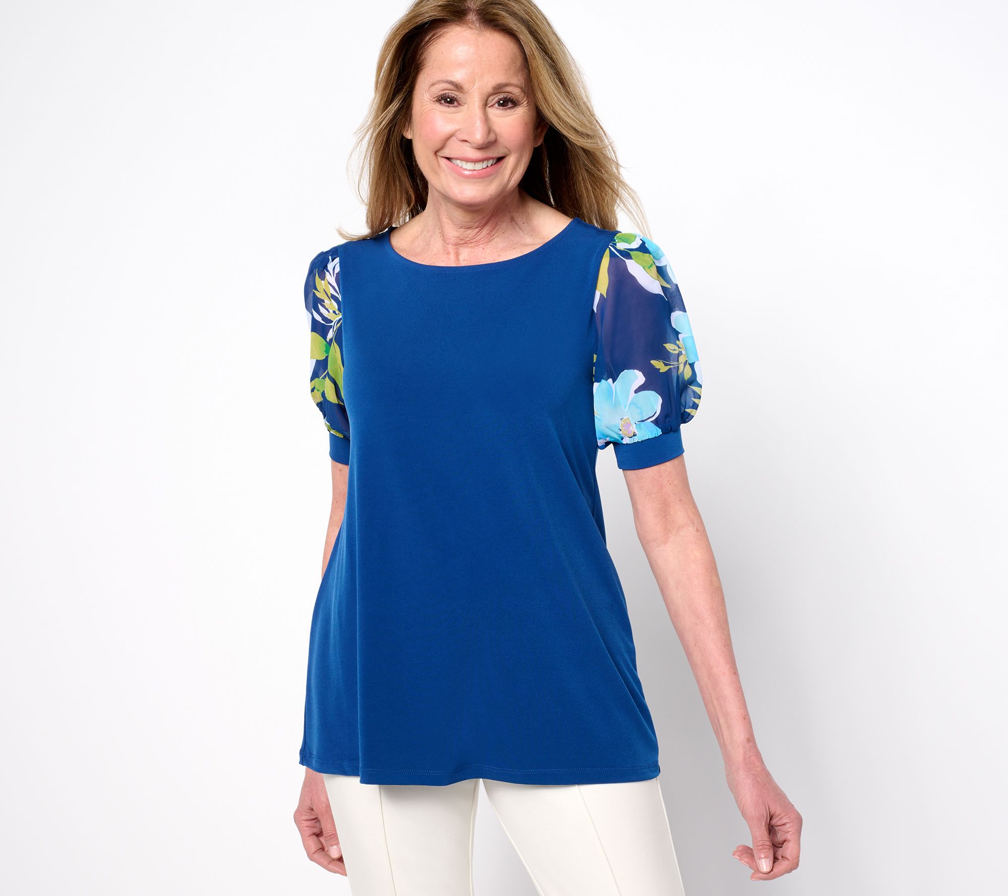 Susan Graver Petite Liquid Knit Scoop Neck Top with Woven Printed Sleeves