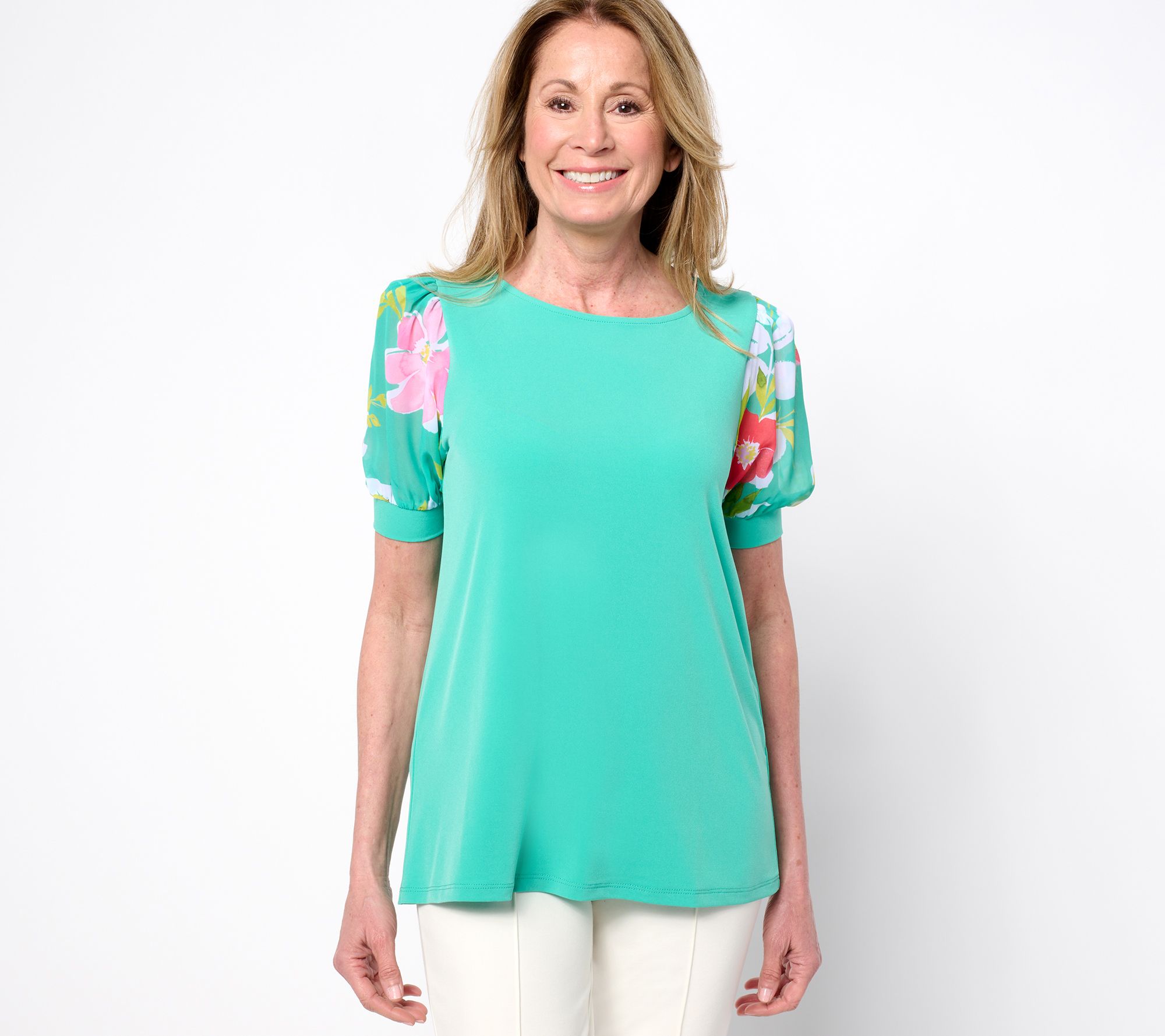 Susan Graver Petite Liquid Knit Scoop Neck Top with Woven Printed Sleeves