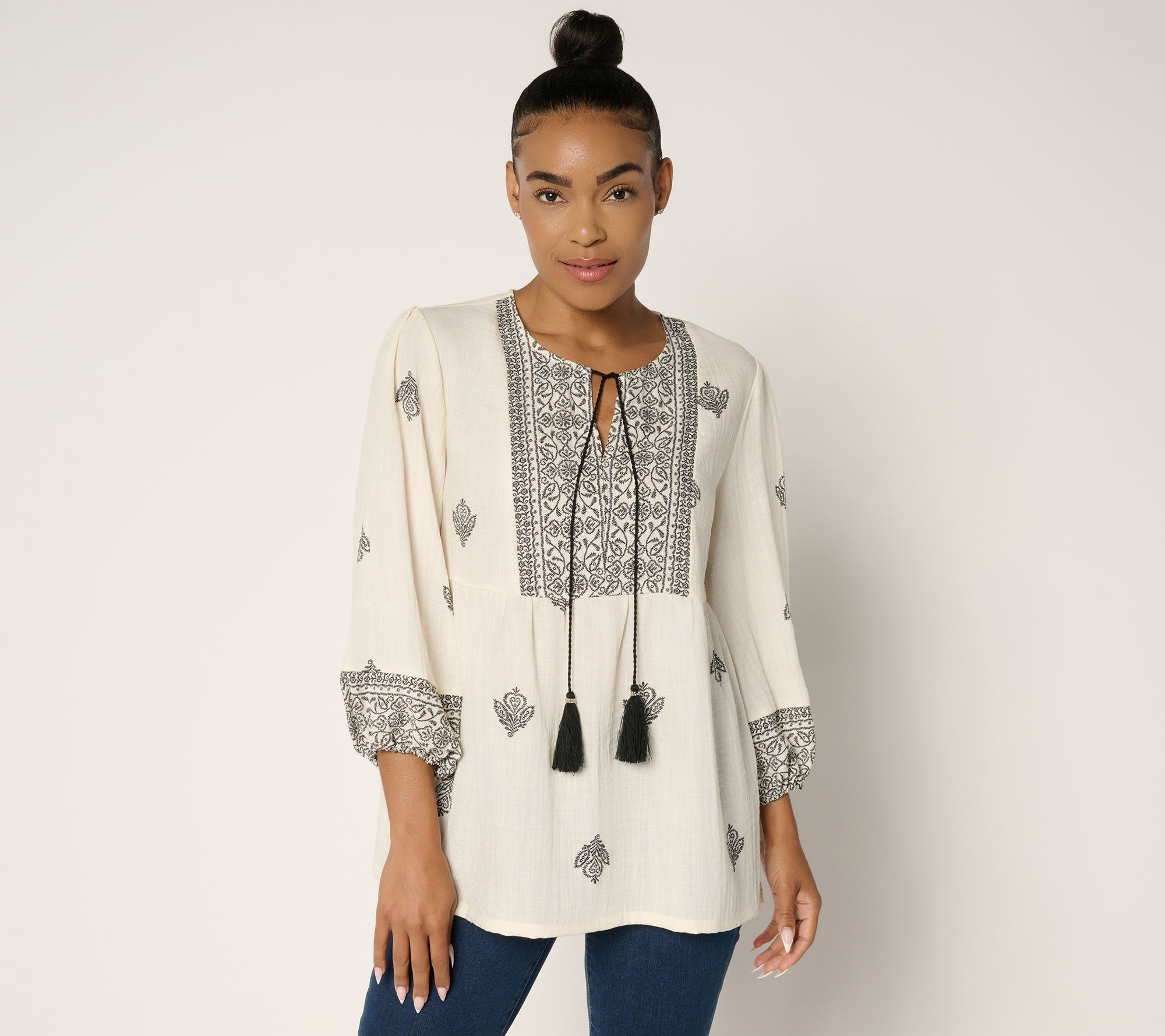 Susan Graver Passport Regular Printed Textured Sheer Woven Tunic