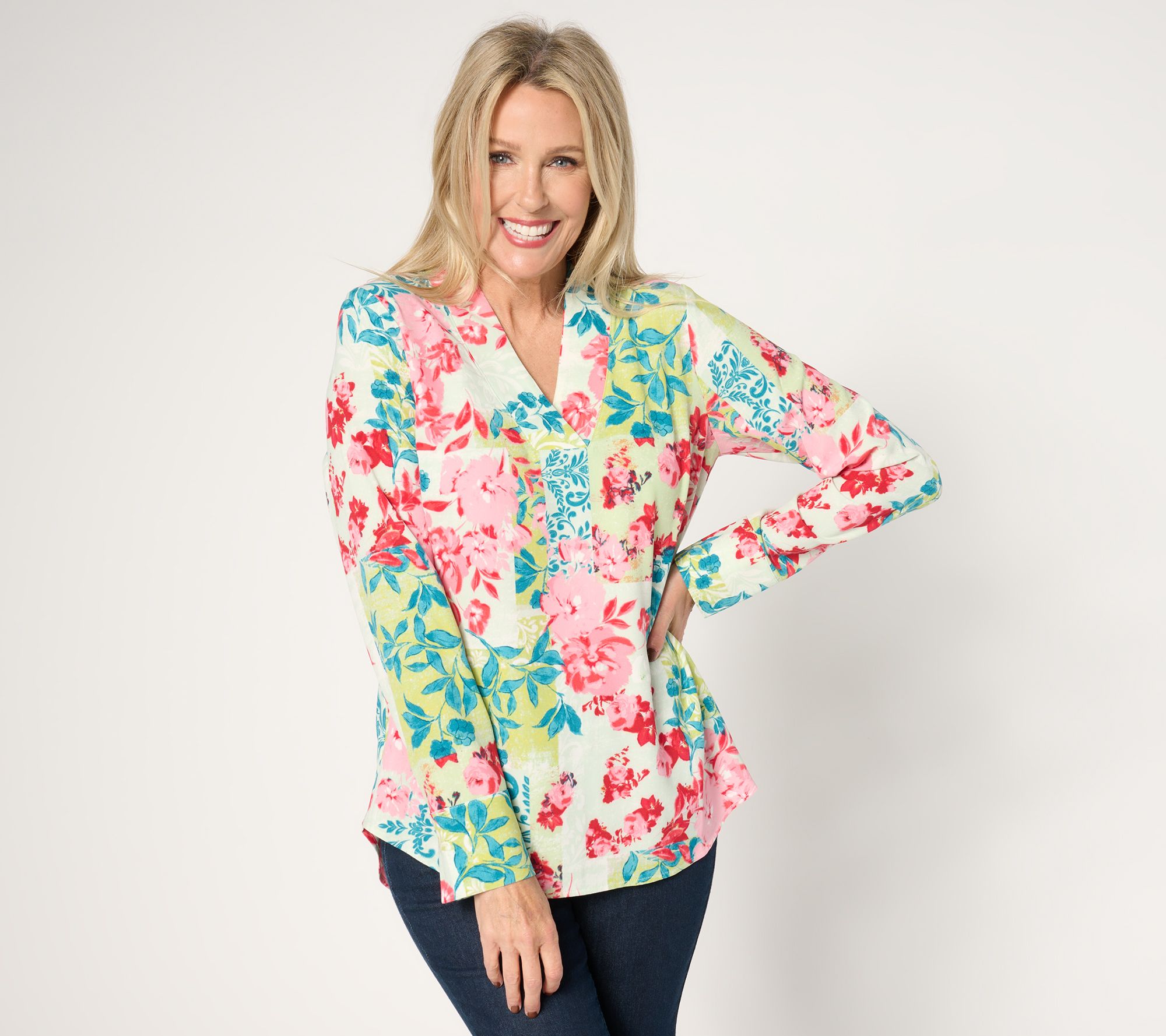 "As Is" Isaac Mizrahi Live! Floral Printed Stretch Woven Crepe Top