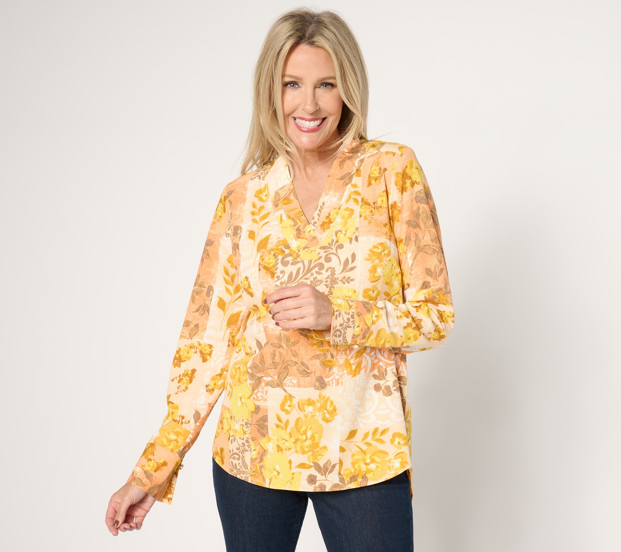 "As Is" Isaac Mizrahi Live! Floral Printed Stretch Woven Crepe Top