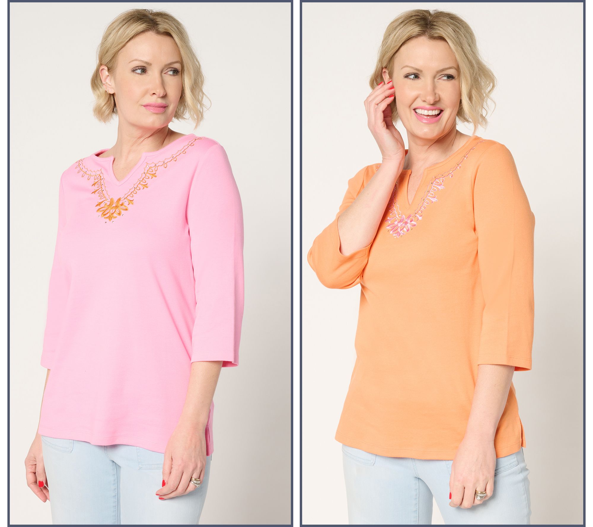 "As Is" Quacker Factory Set of 2 Floral Filagree 3/4 Sleeve Tops