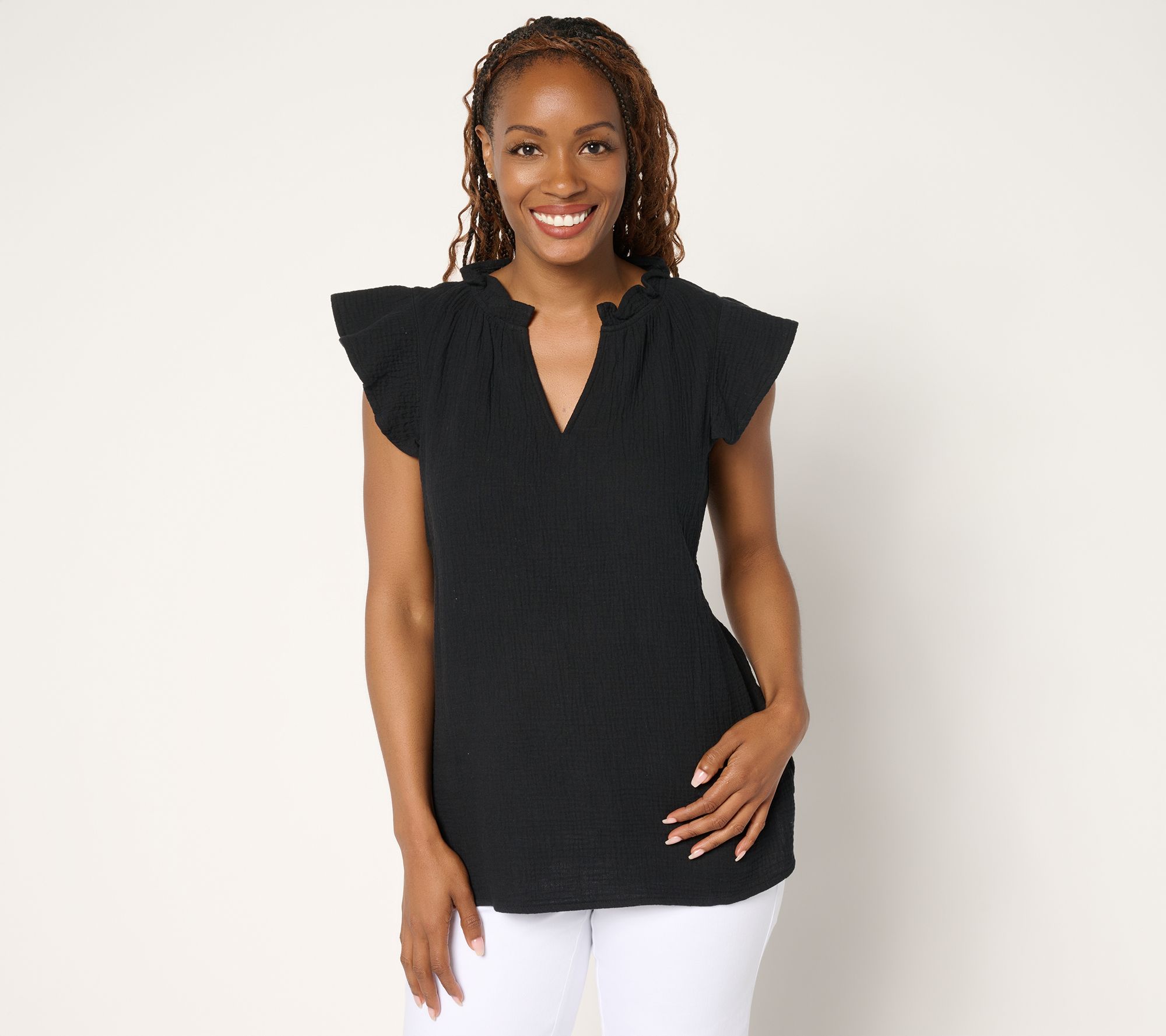 "As Is" Belle Beach by Kim Gravel Cotton Gauze Flounce Sleeve Top