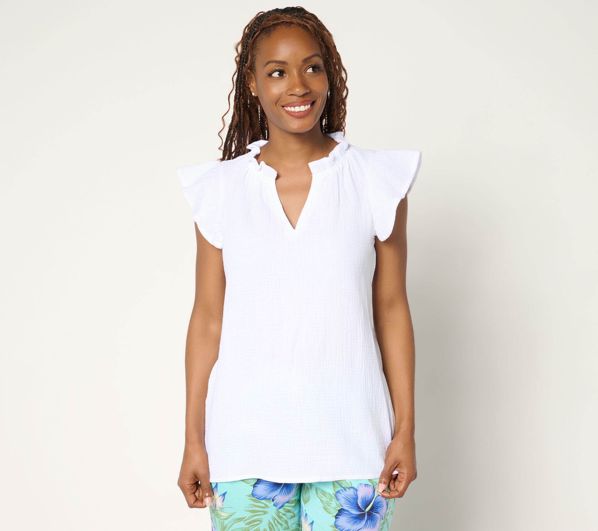 "As Is" Belle Beach by Kim Gravel Cotton Gauze Flounce Sleeve Top