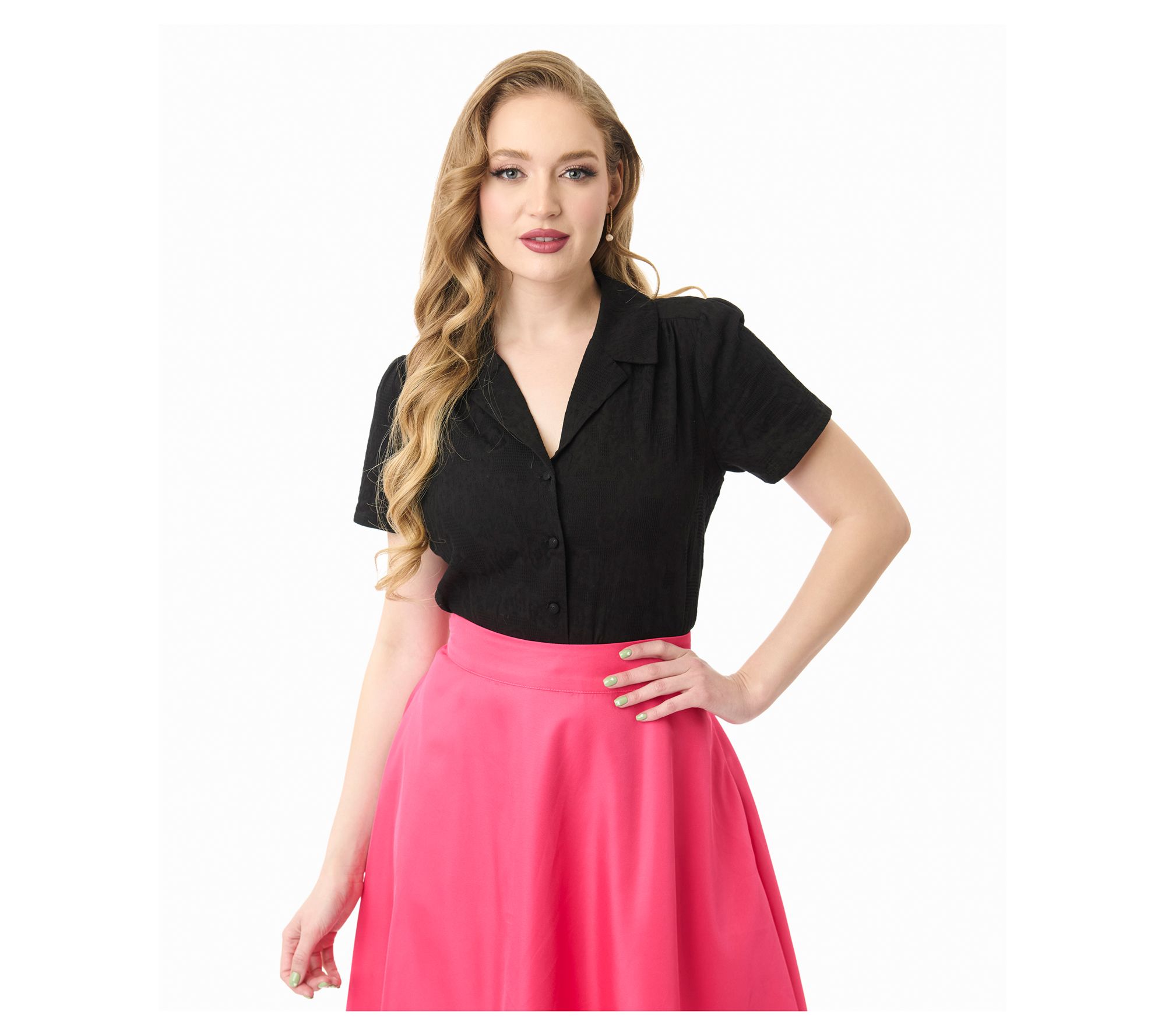 Unique Vintage Black Jacquard Notched Collar Blouse